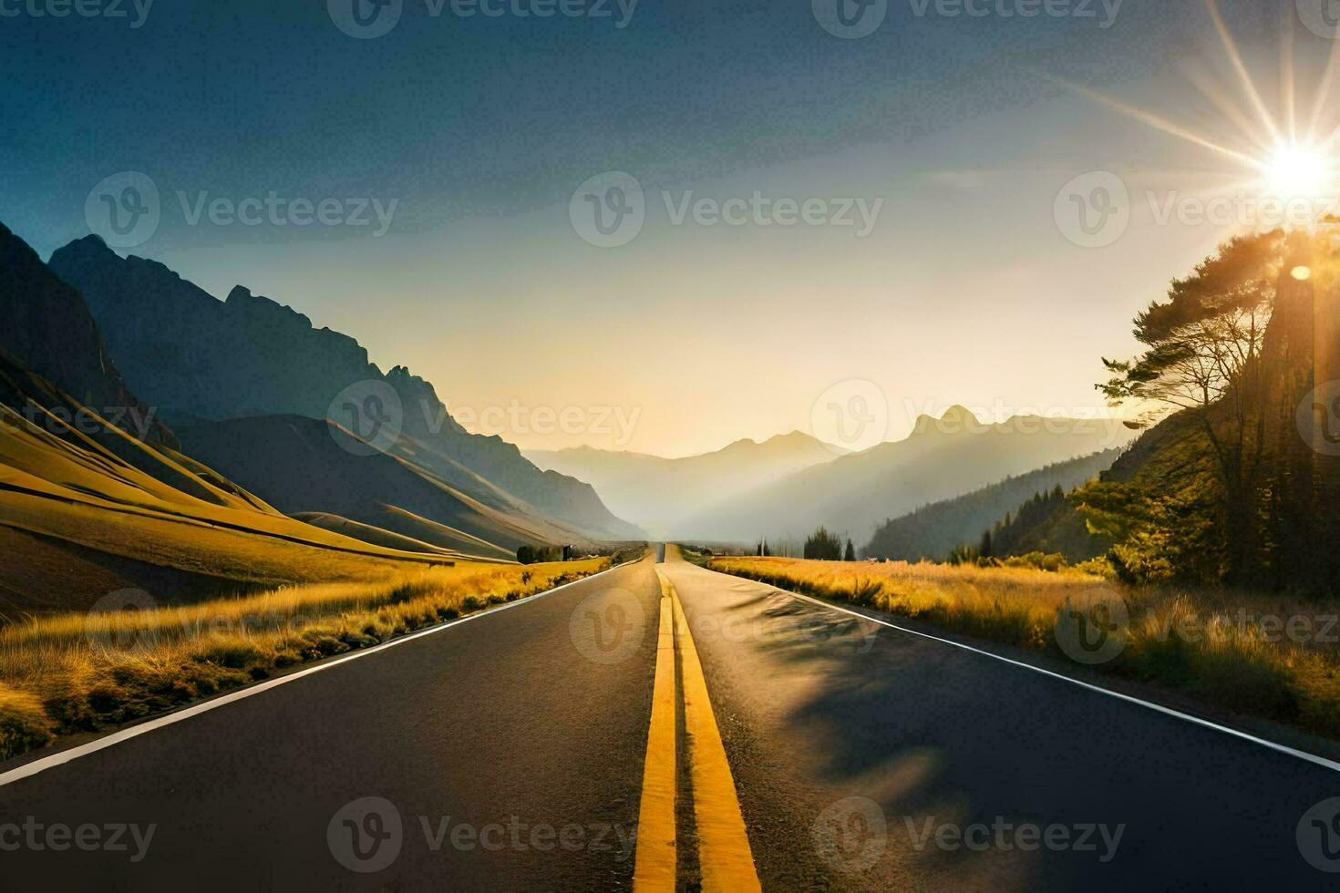 the sun shines over a road in the mountains. AI-Generated photo