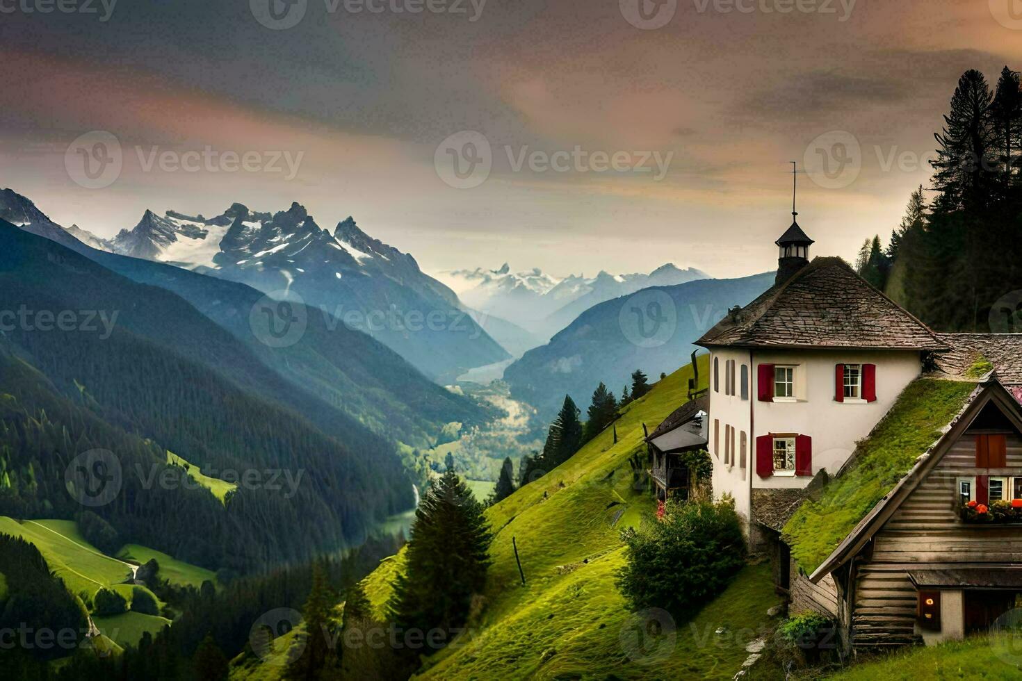 a house on a hill in the mountains. AI-Generated photo