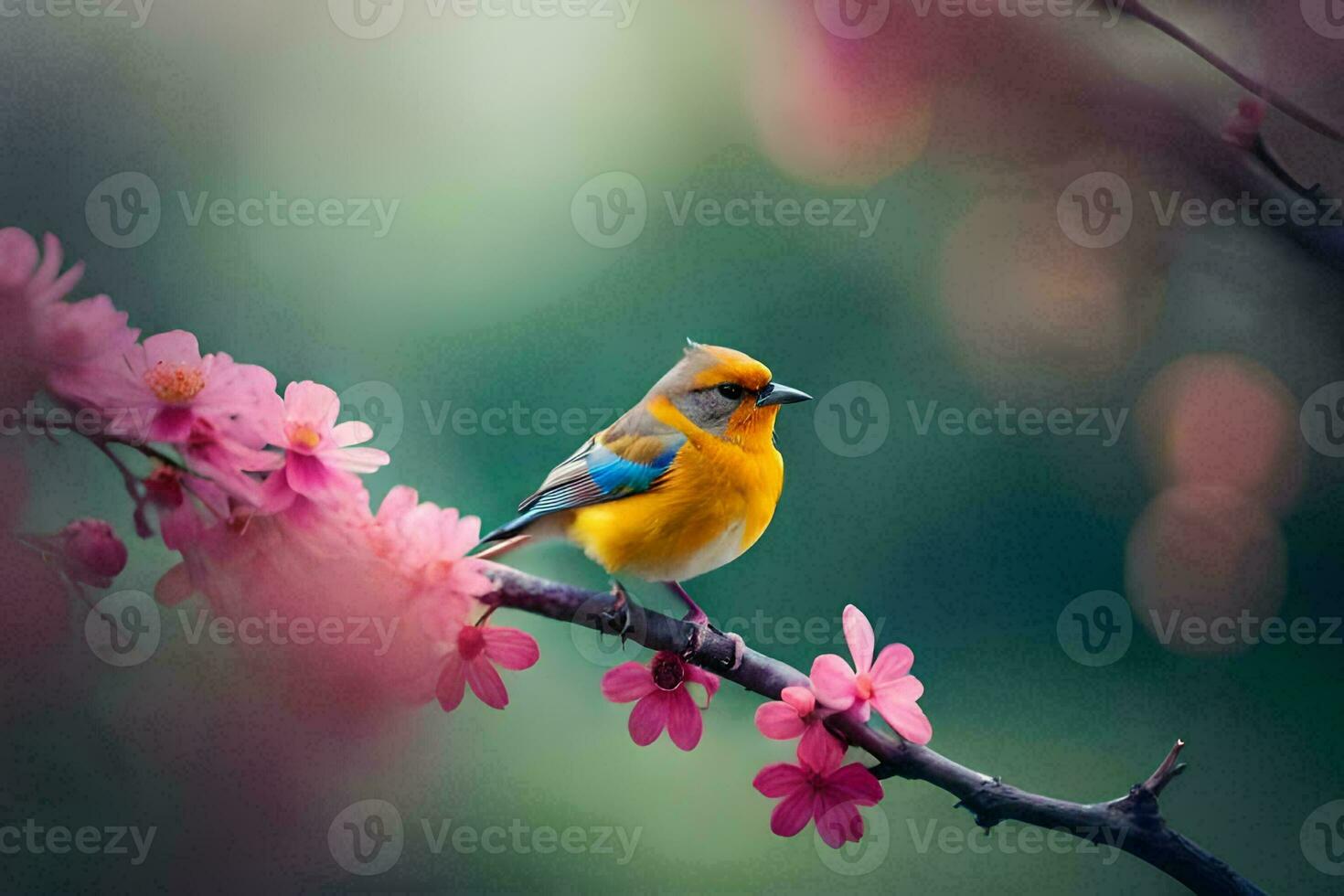 a bird sits on a branch with pink flowers. AI-Generated photo