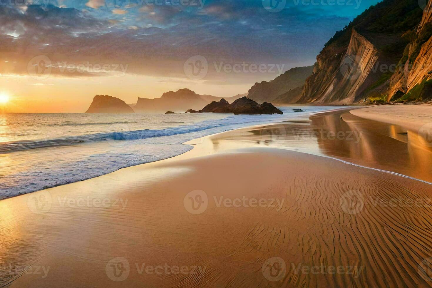 the sun sets on the beach at the cape of good hope. AI-Generated photo