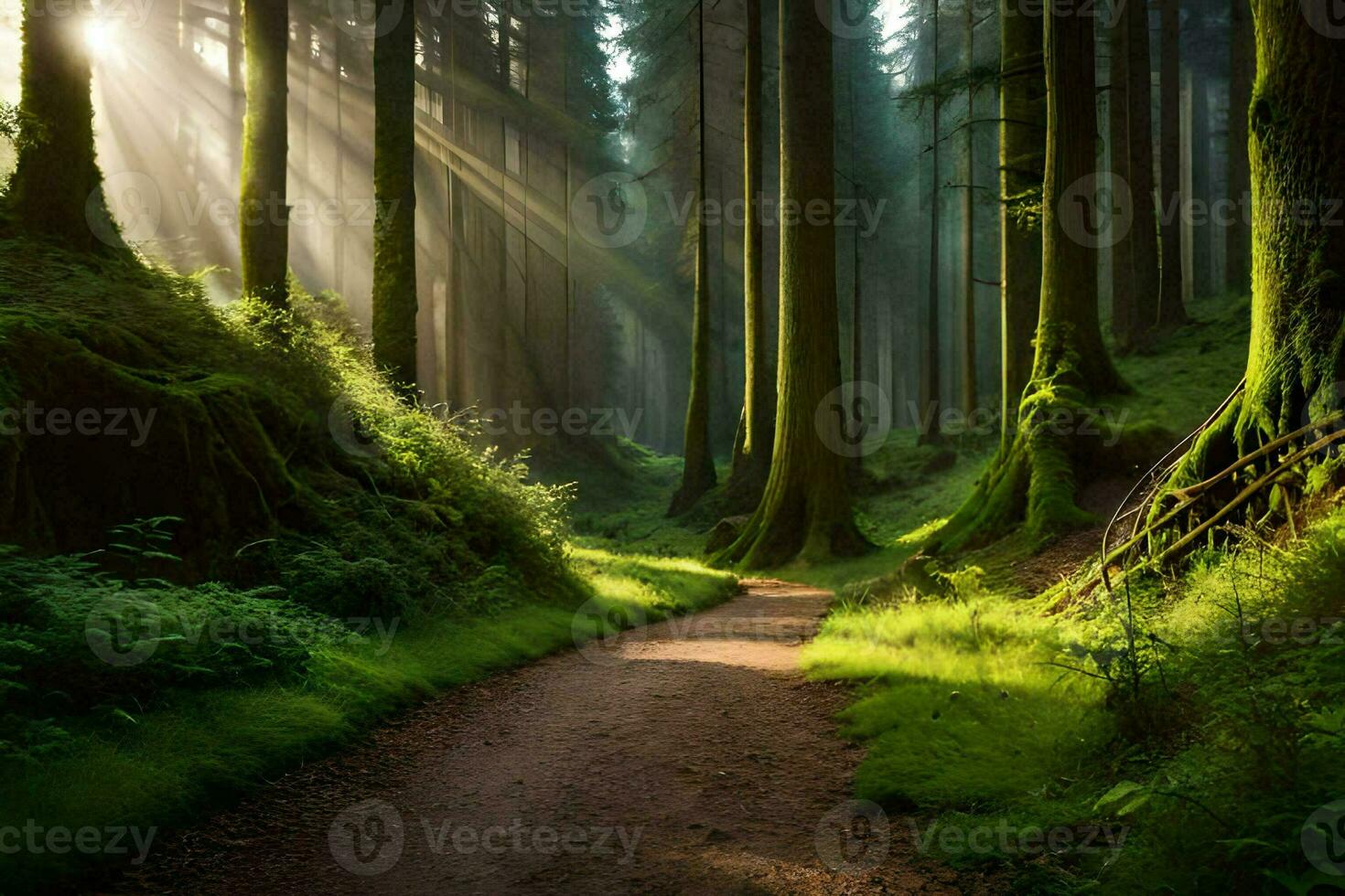 path in the forest with sun rays shining through the trees. AI-Generated photo