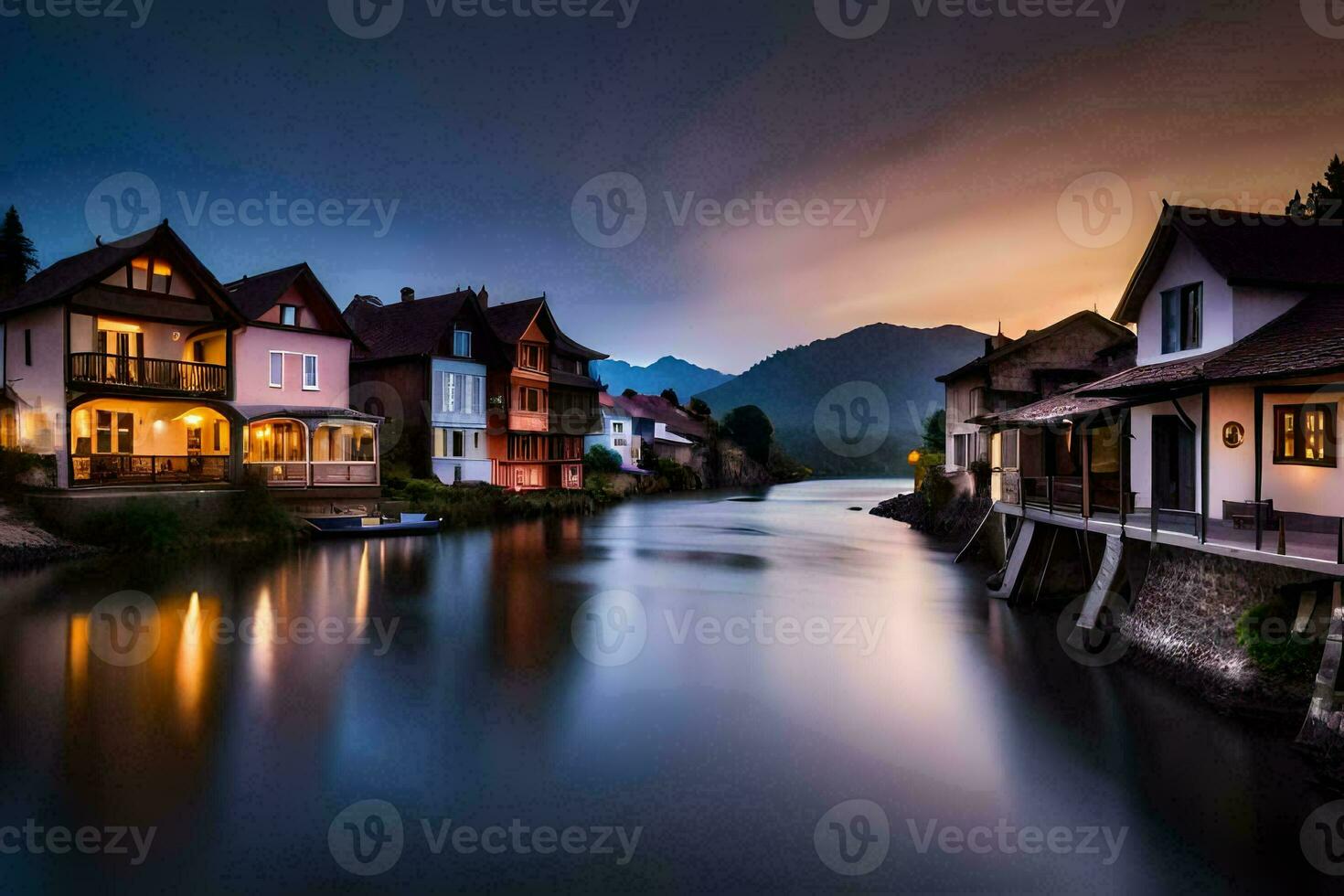 a river in the middle of a town at dusk. AI-Generated photo