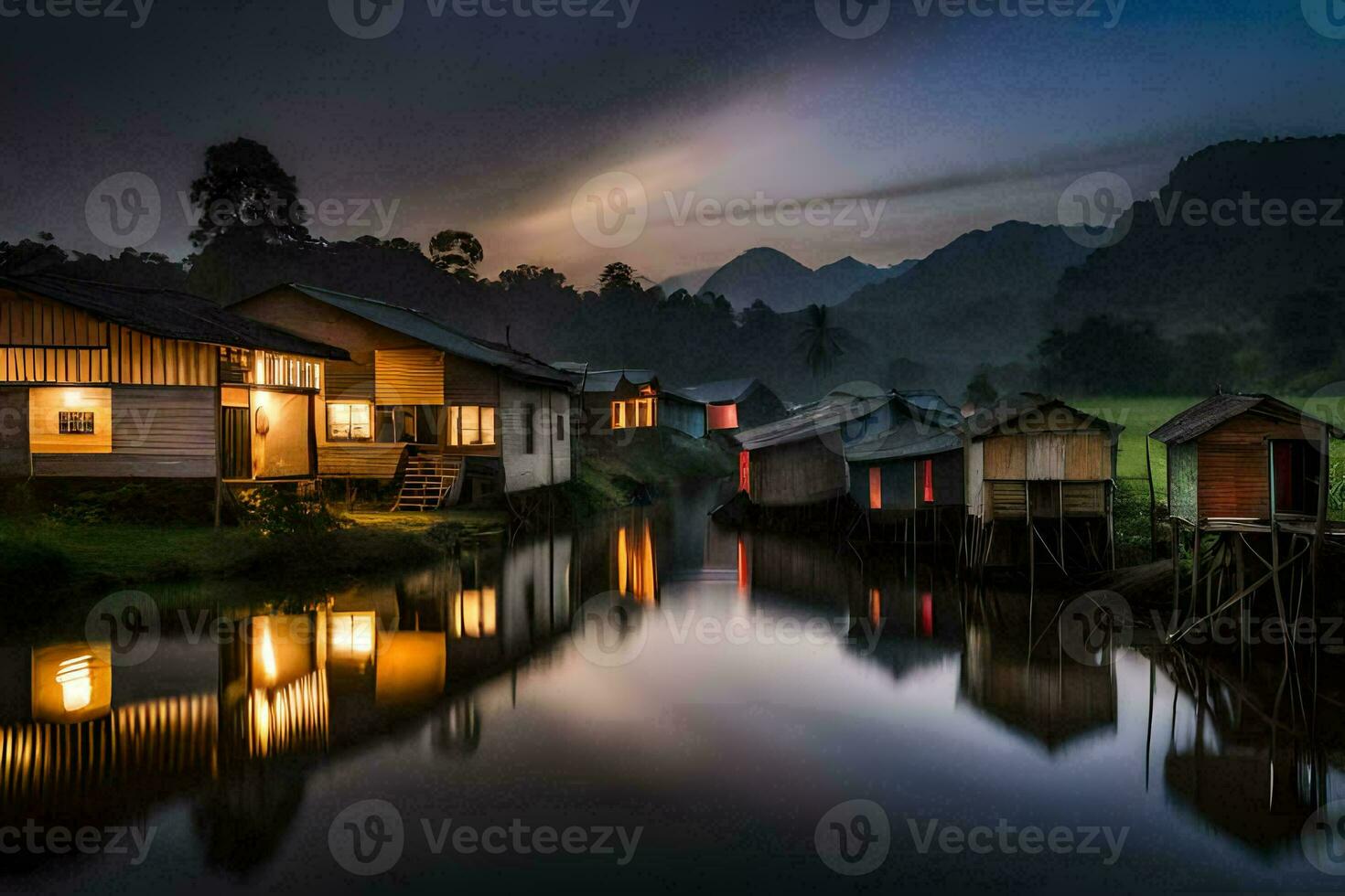a river at night with houses and trees. AI-Generated photo