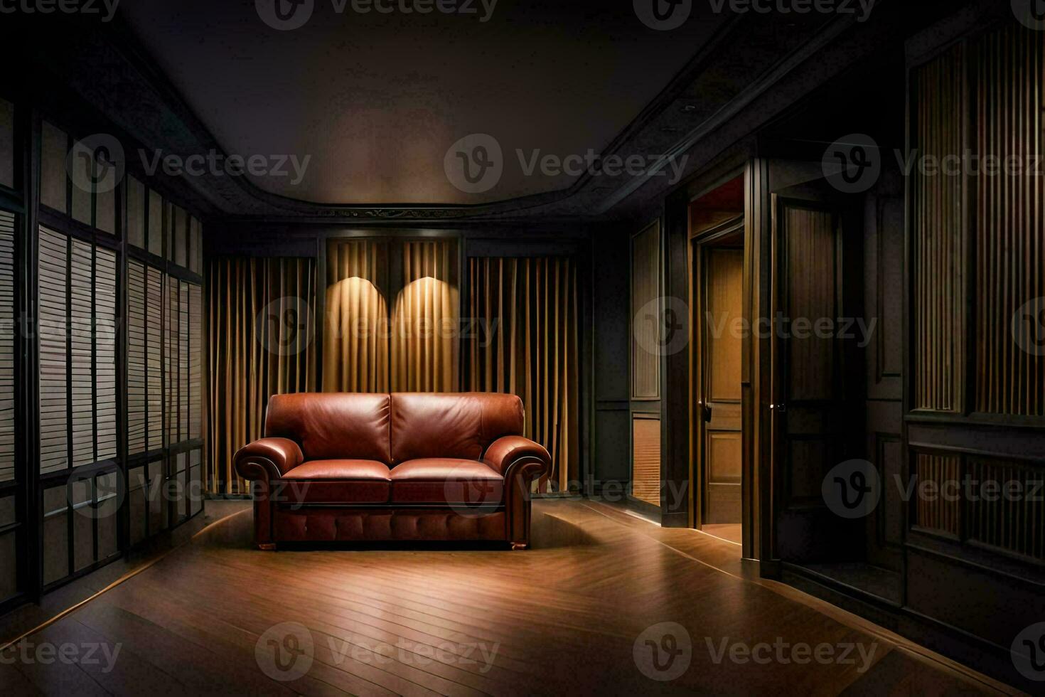 a room with a leather couch and wooden paneling. AI-Generated photo