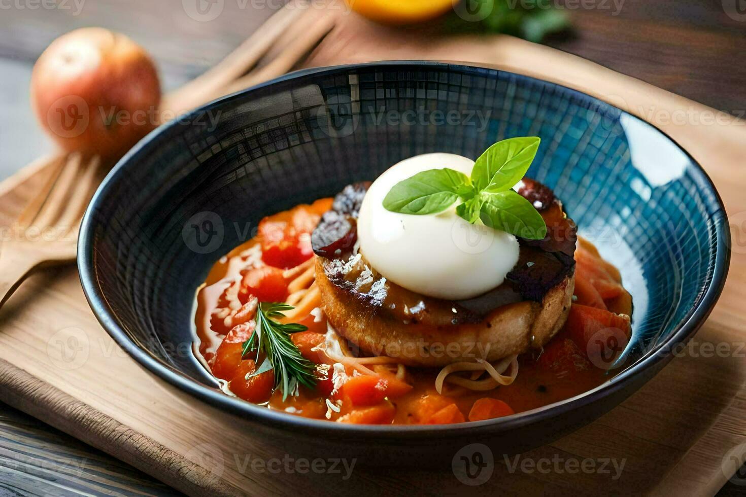 a bowl of food with meat and vegetables. AI-Generated photo