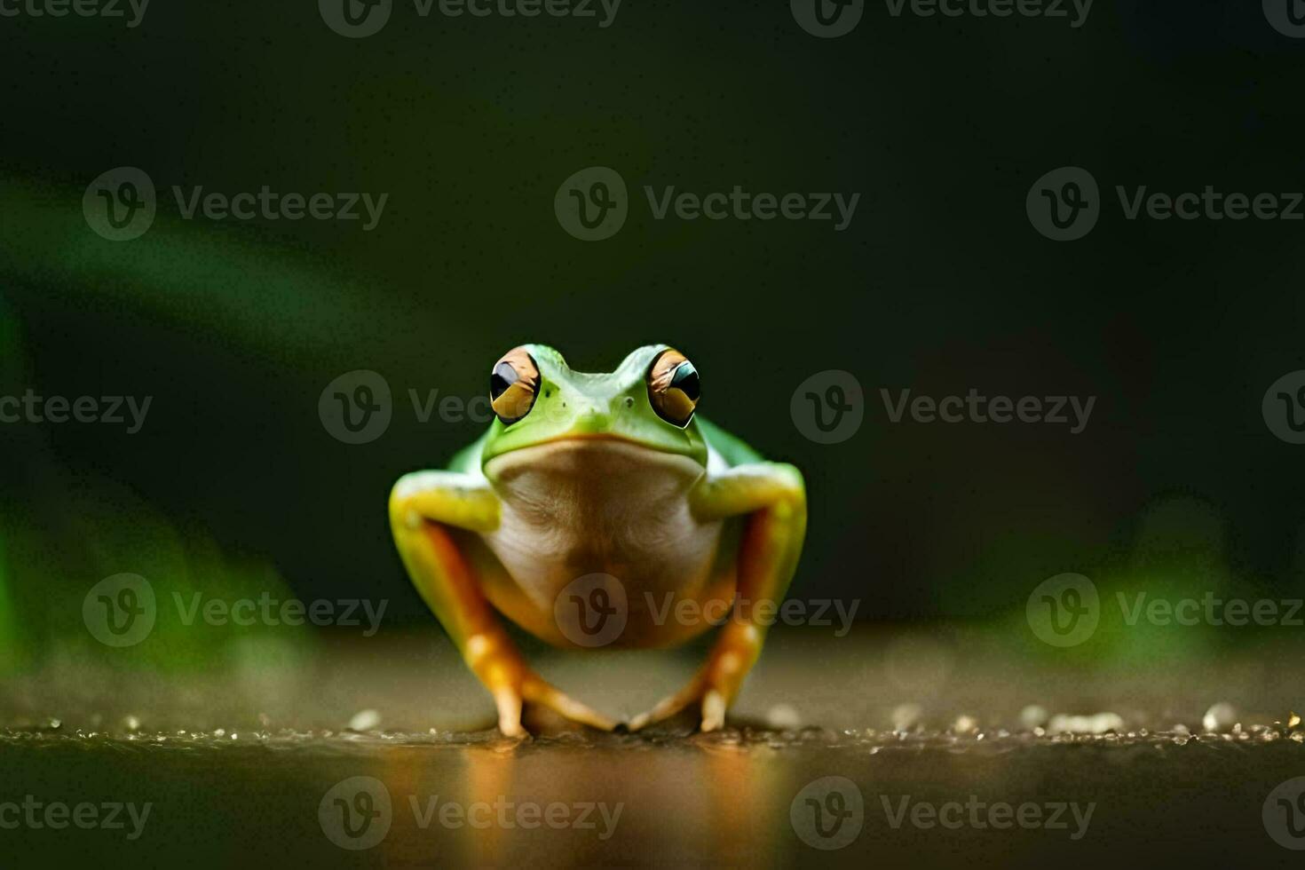 a frog is standing on the ground with its eyes open. AI-Generated photo