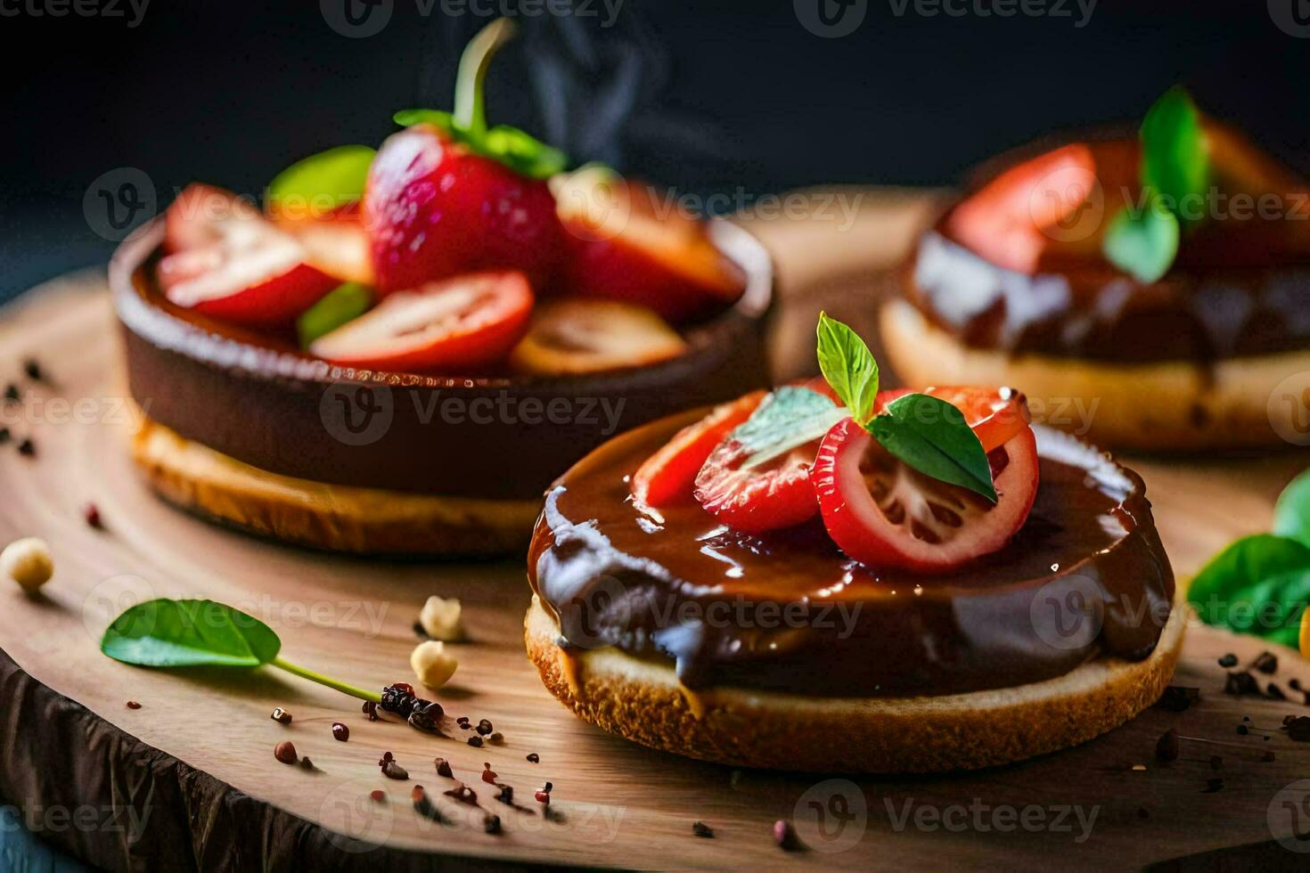 three chocolate desserts with strawberries and mint. AI-Generated photo