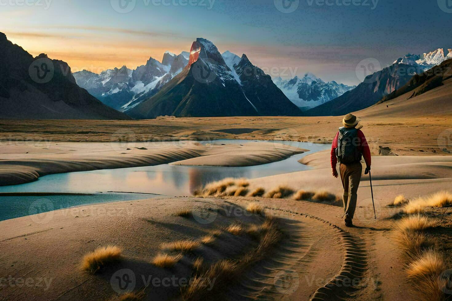 a man walks through the desert at sunset. AI-Generated photo