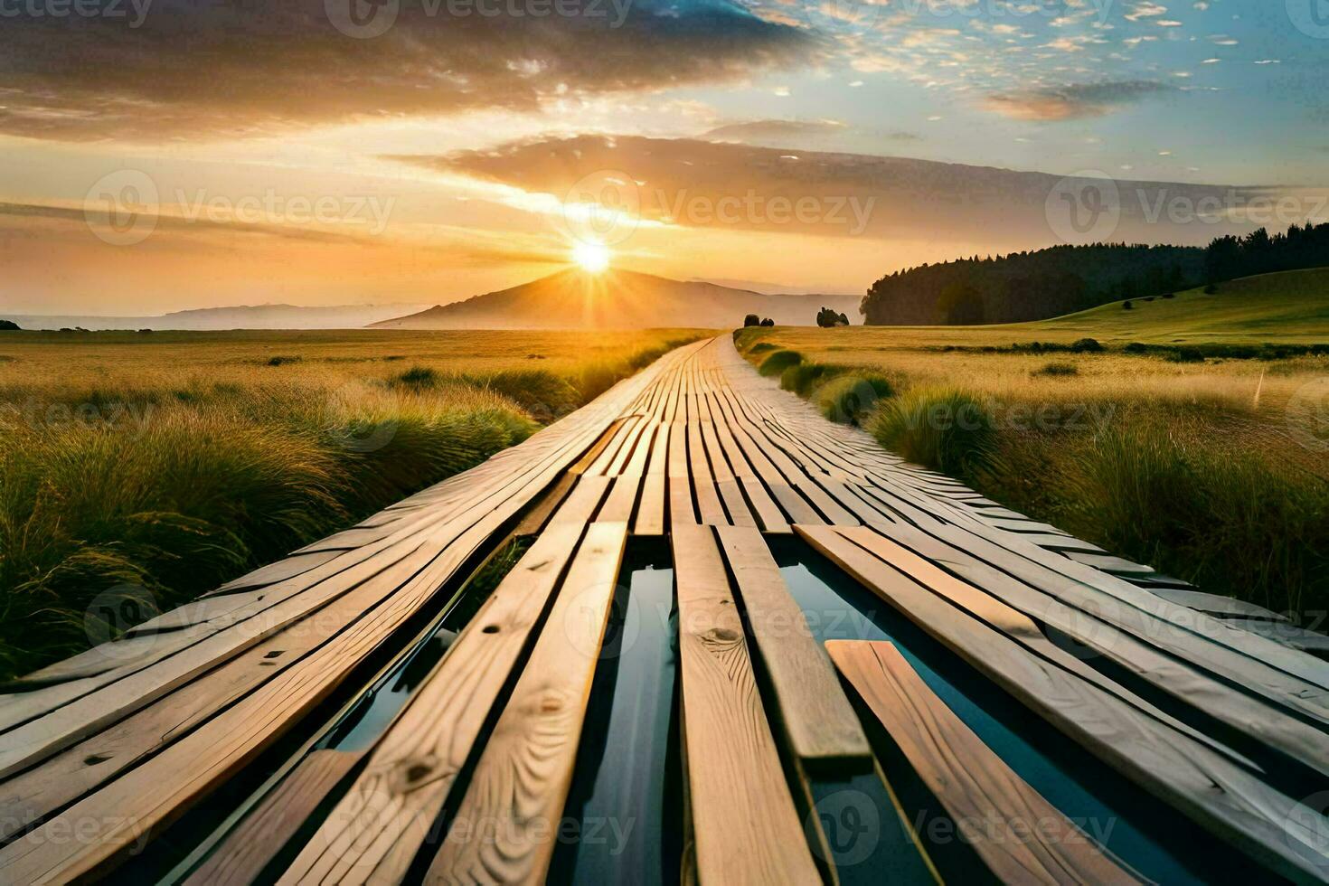 a wooden walkway in the middle of a field at sunset. AI-Generated photo