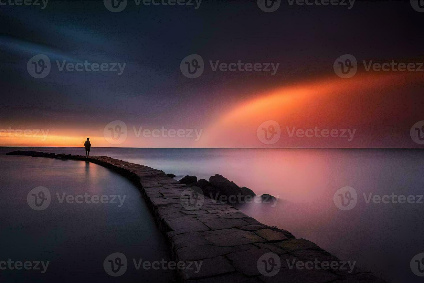 a man stands on a pier looking at the sunset. AI-Generated photo