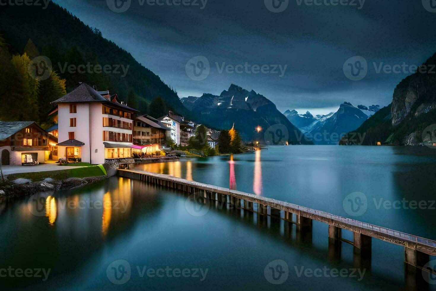 a lake and a mountain village at night. AI-Generated photo