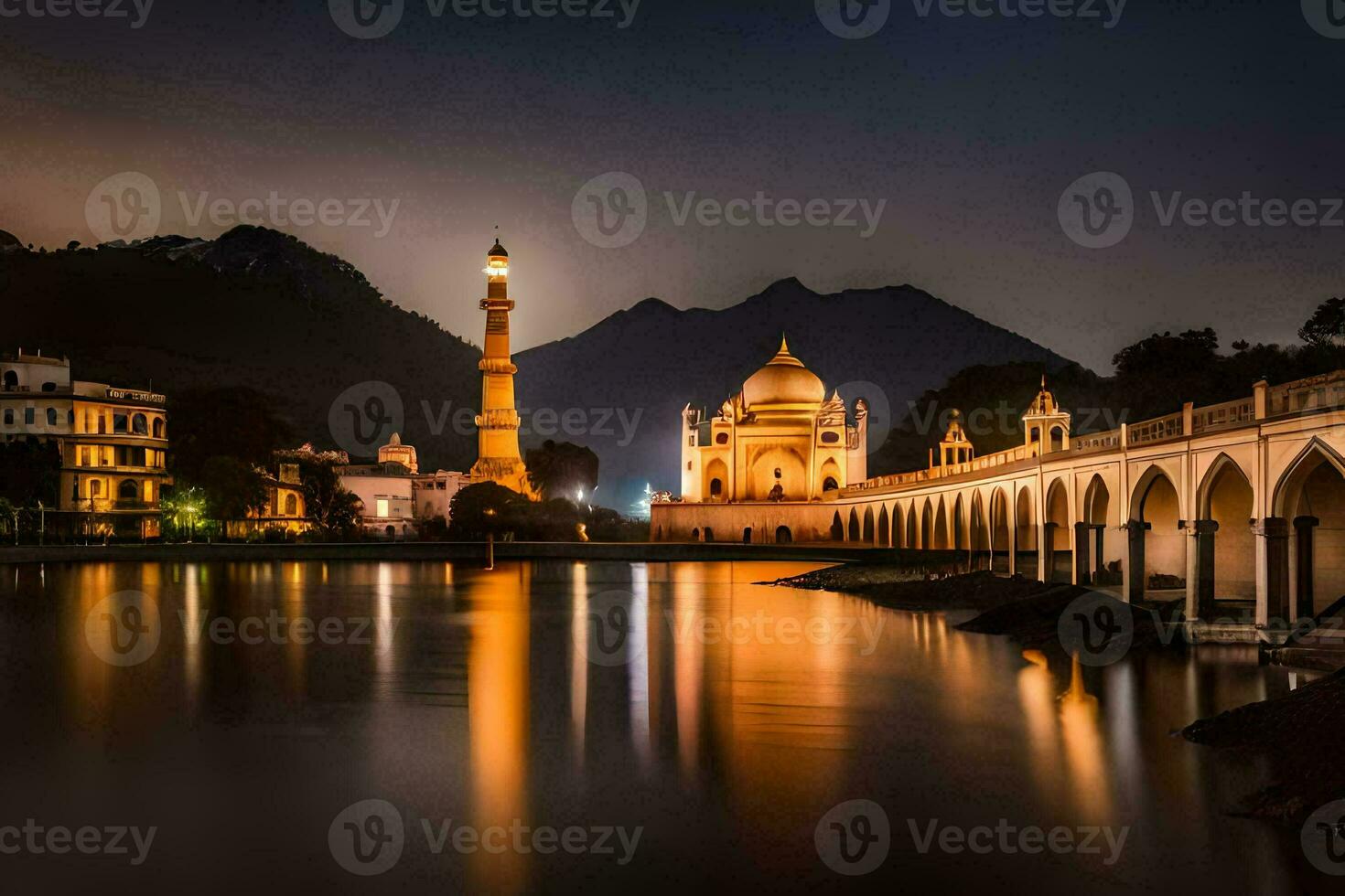 el noche ver de un mezquita y puente en udaipur. generado por ai foto