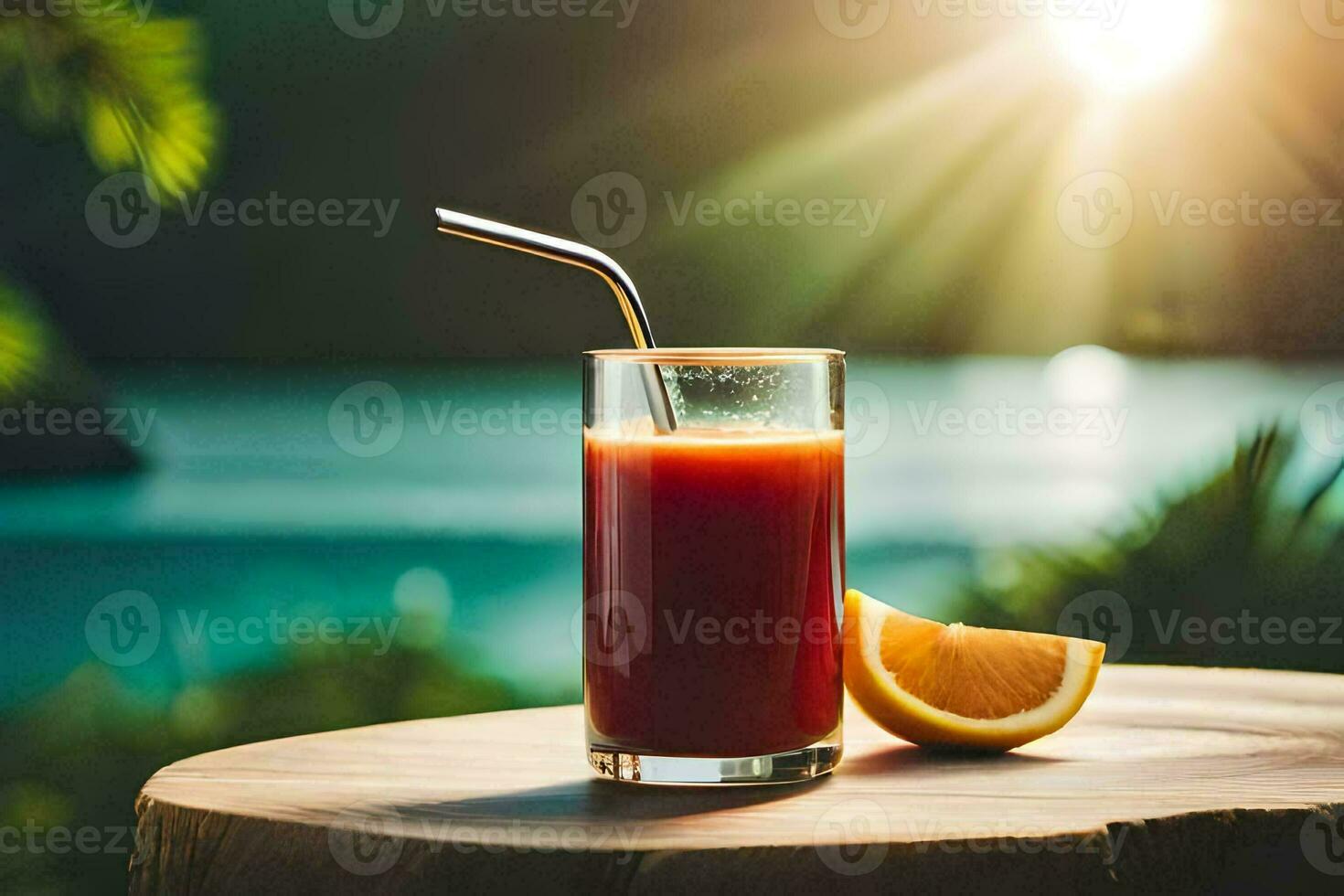 a glass of juice with a straw on a table. AI-Generated photo