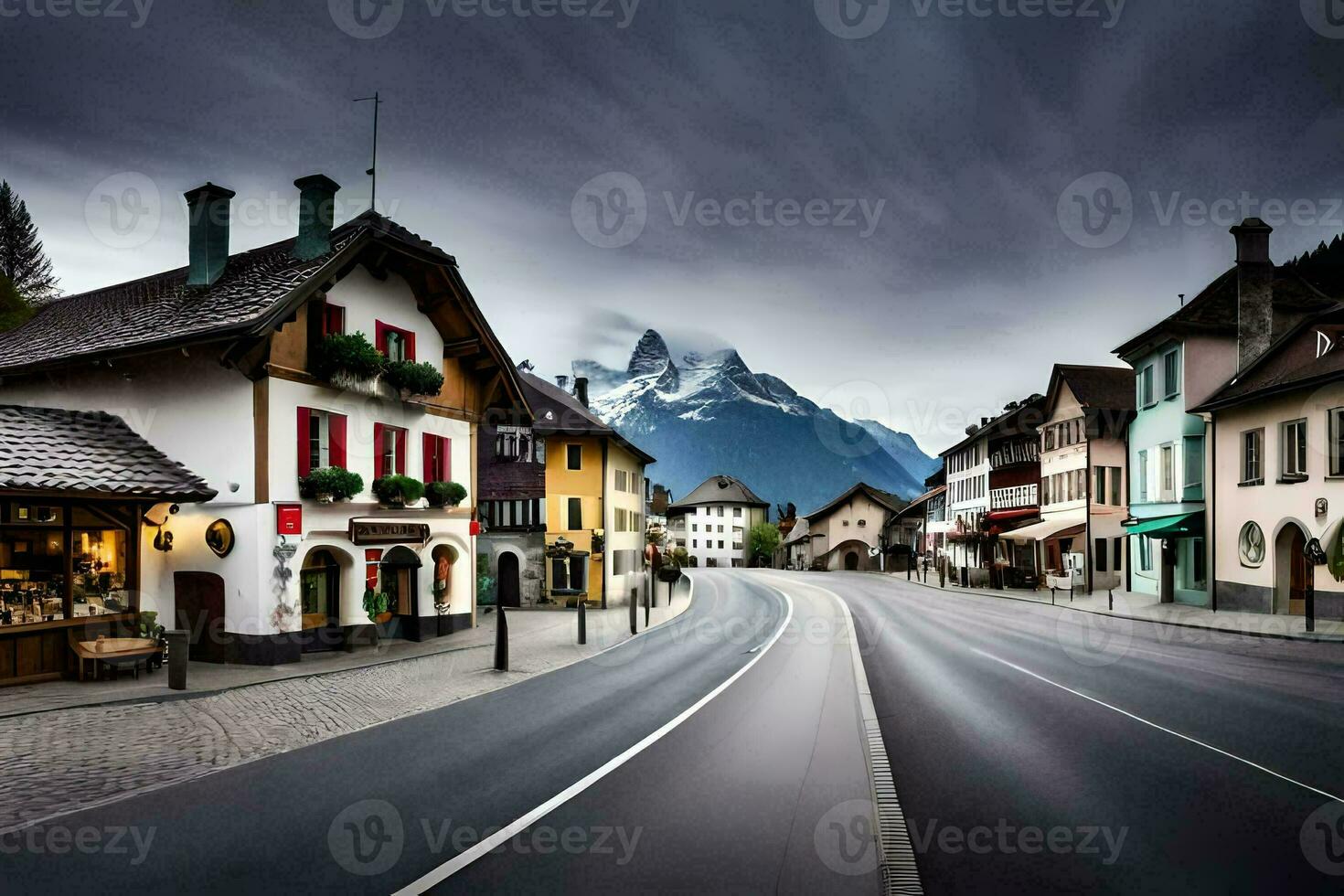 a street in the alps with mountains in the background. AI-Generated photo