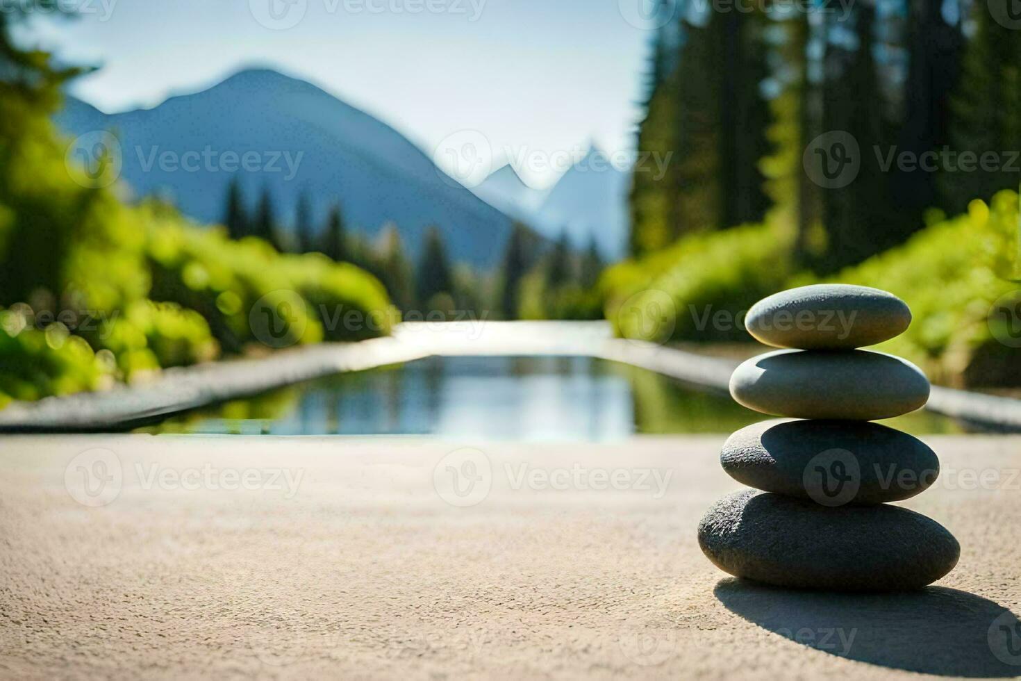 a stack of stones sitting on the ground near a lake. AI-Generated photo