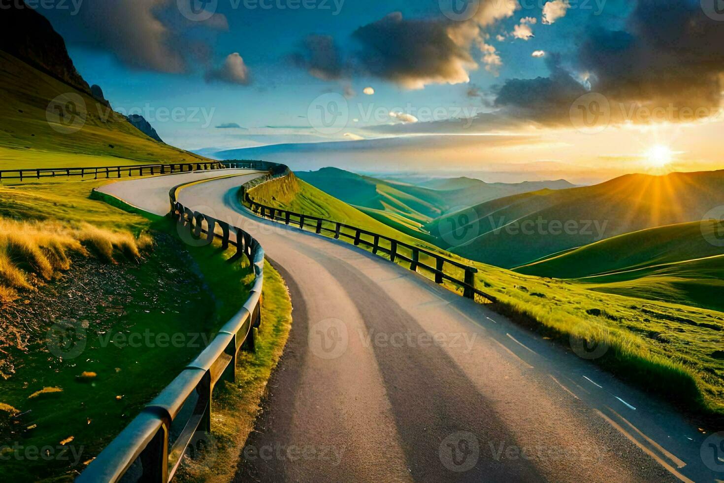 a winding road in the mountains with the sun setting. AI-Generated photo