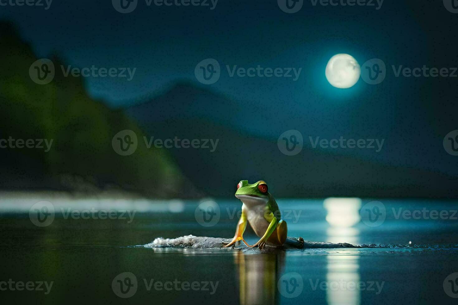 a frog sitting on the water at night with a full moon. AI-Generated photo
