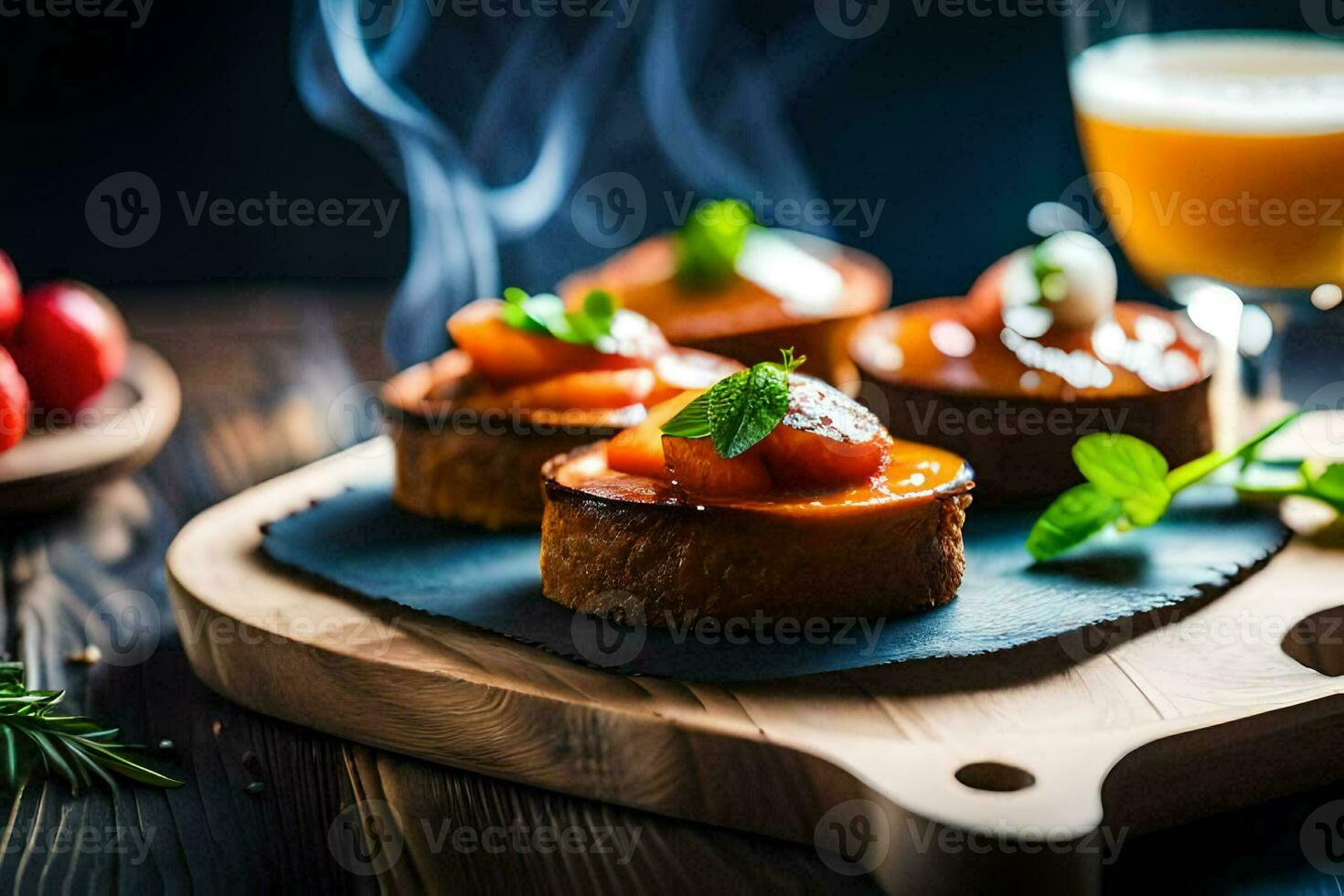 small cakes with tomato sauce and mint leaves on a wooden board. AI-Generated photo