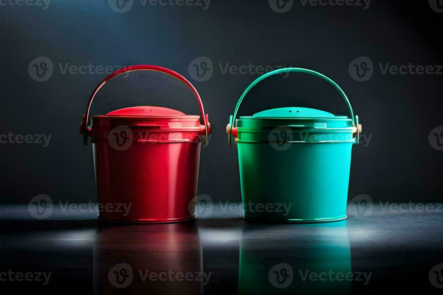 two colorful buckets sit side by side on a dark surface. AI-Generated photo