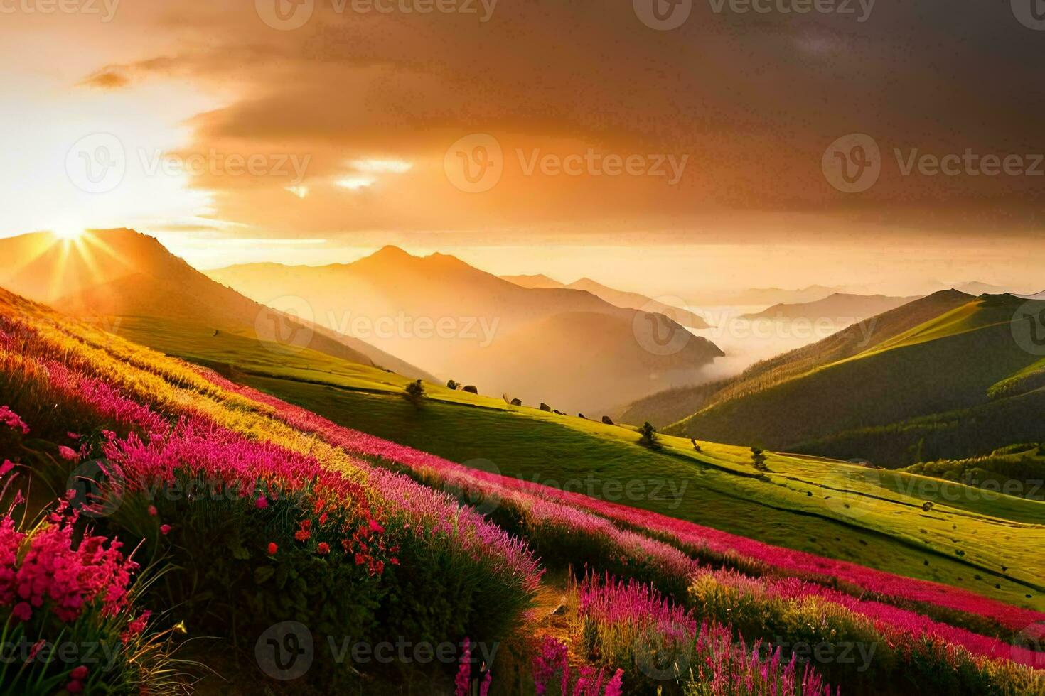 the sun is setting over a field of flowers. AI-Generated photo