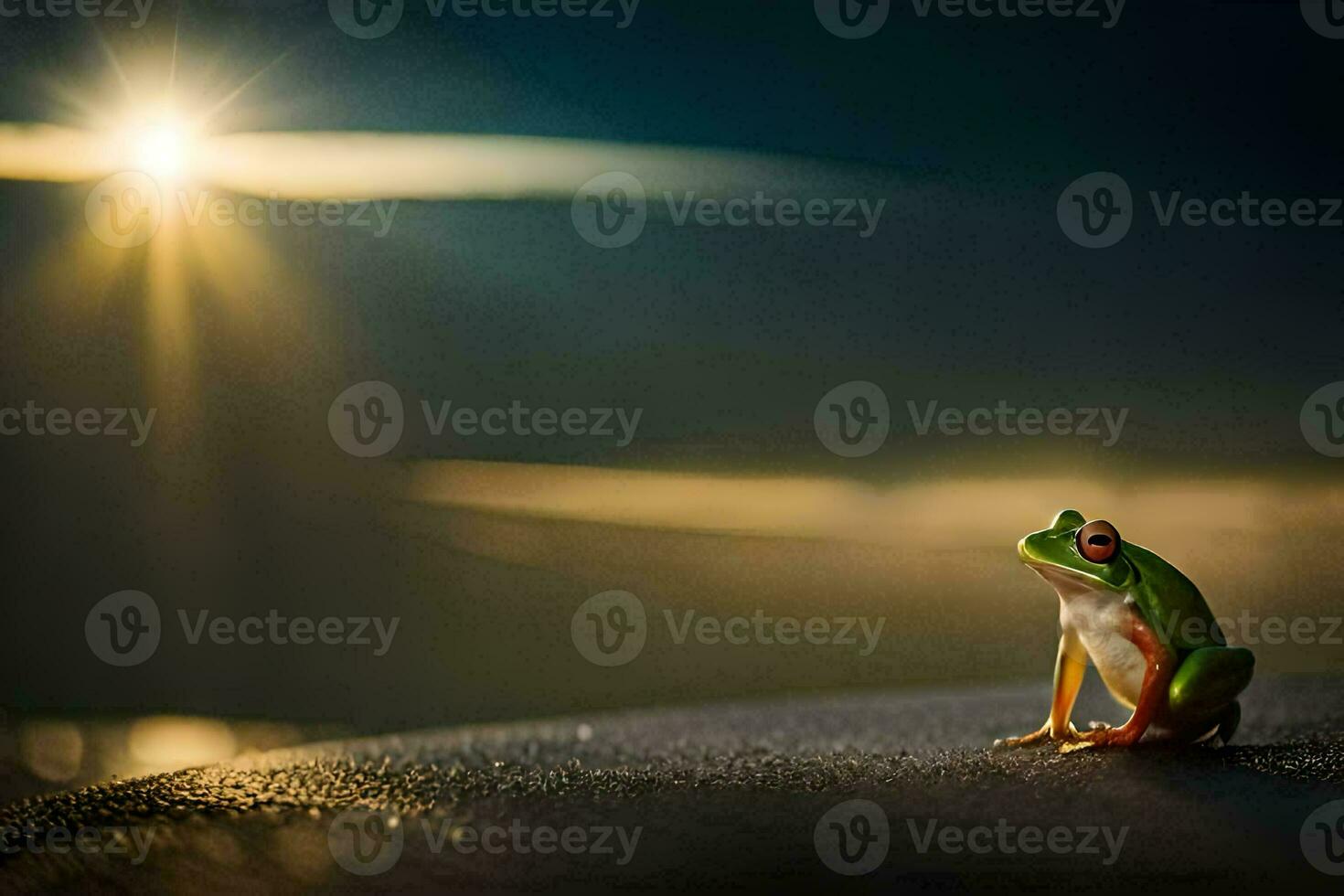 a frog sitting on the ground in front of a bright sun. AI-Generated photo