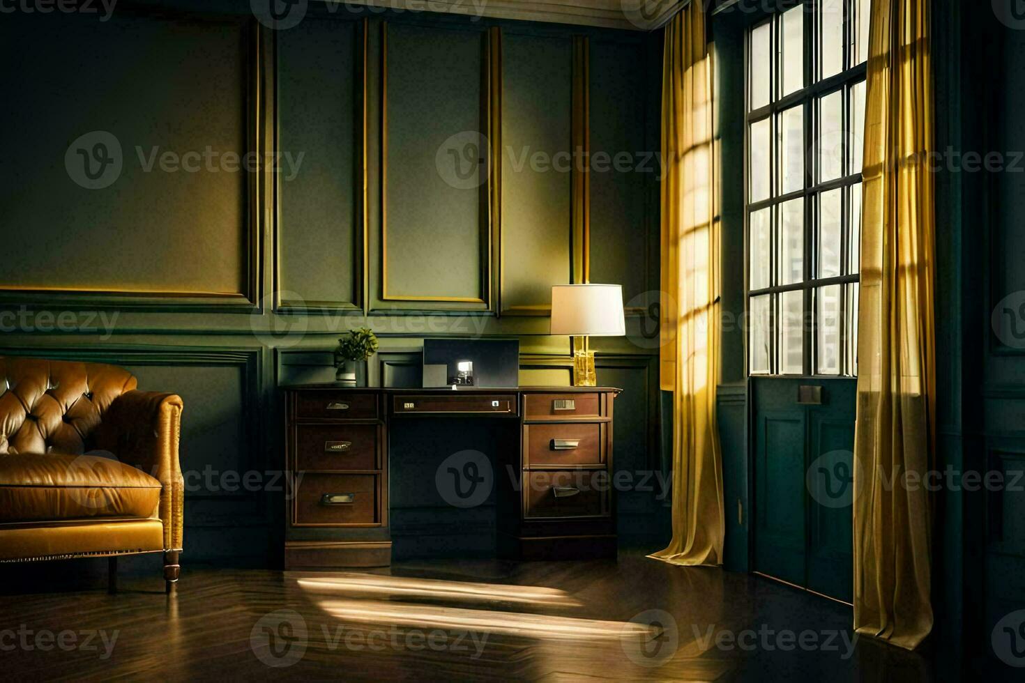 a room with a desk, chair and window. AI-Generated photo