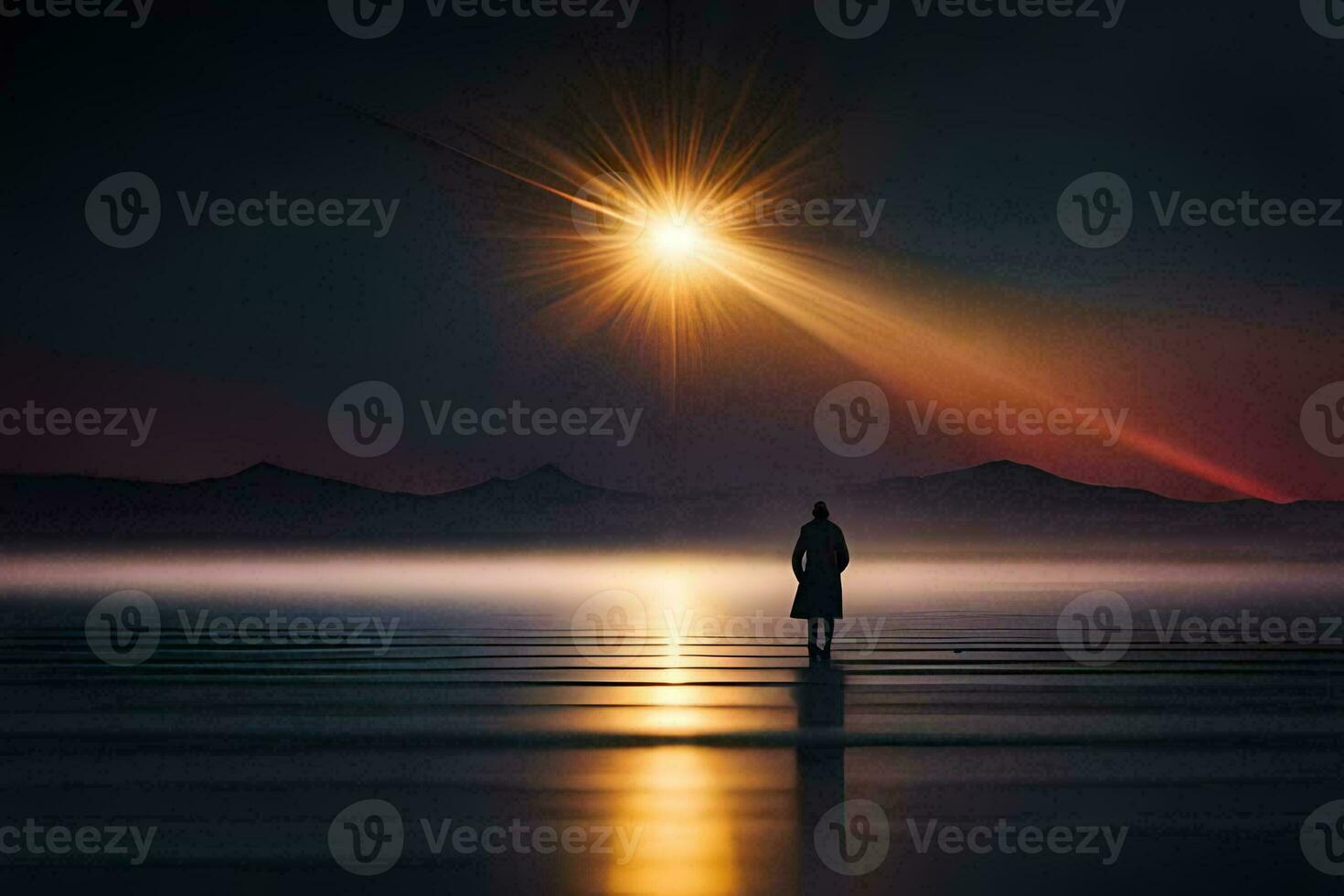 a person standing on the beach at night with the sun shining. AI-Generated photo