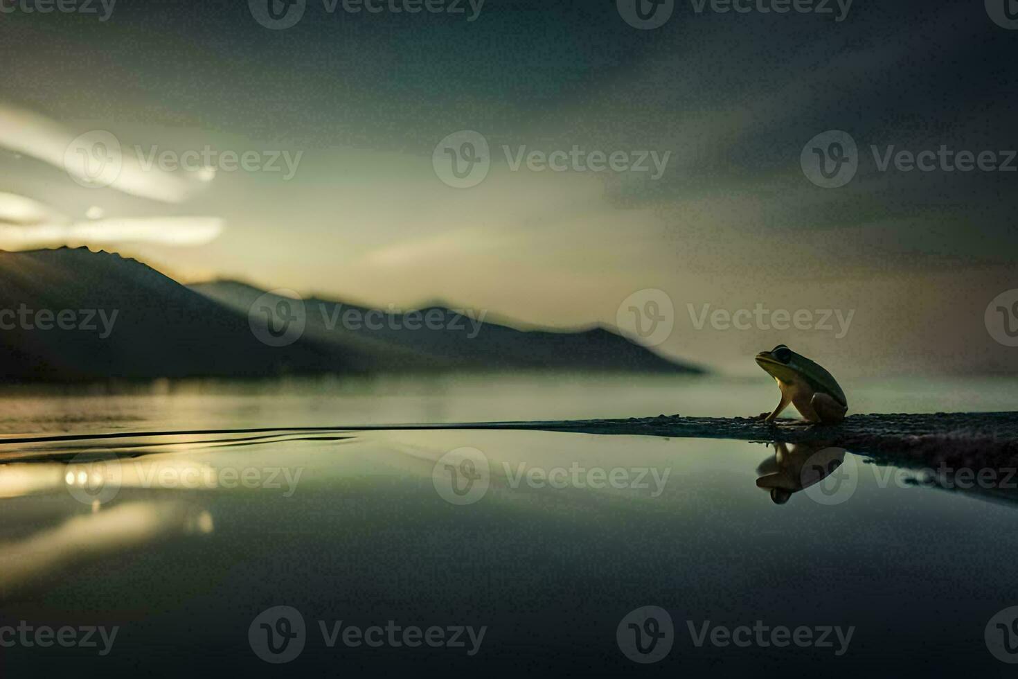 a frog sitting on the edge of a lake at sunset. AI-Generated photo
