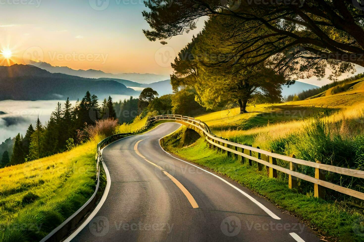 a winding road in the mountains with trees and grass. AI-Generated photo