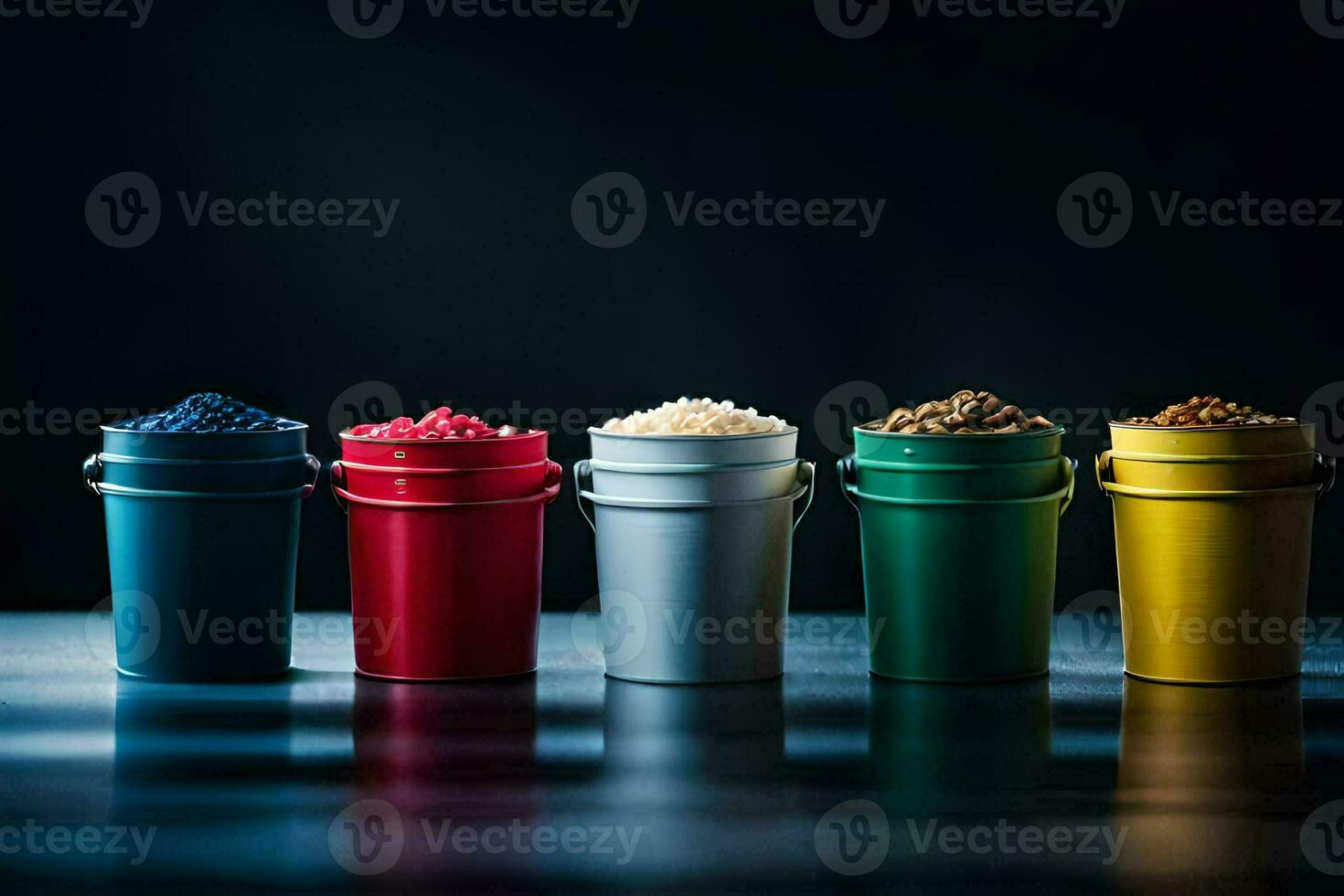 a row of buckets with different colored powders. AI-Generated photo