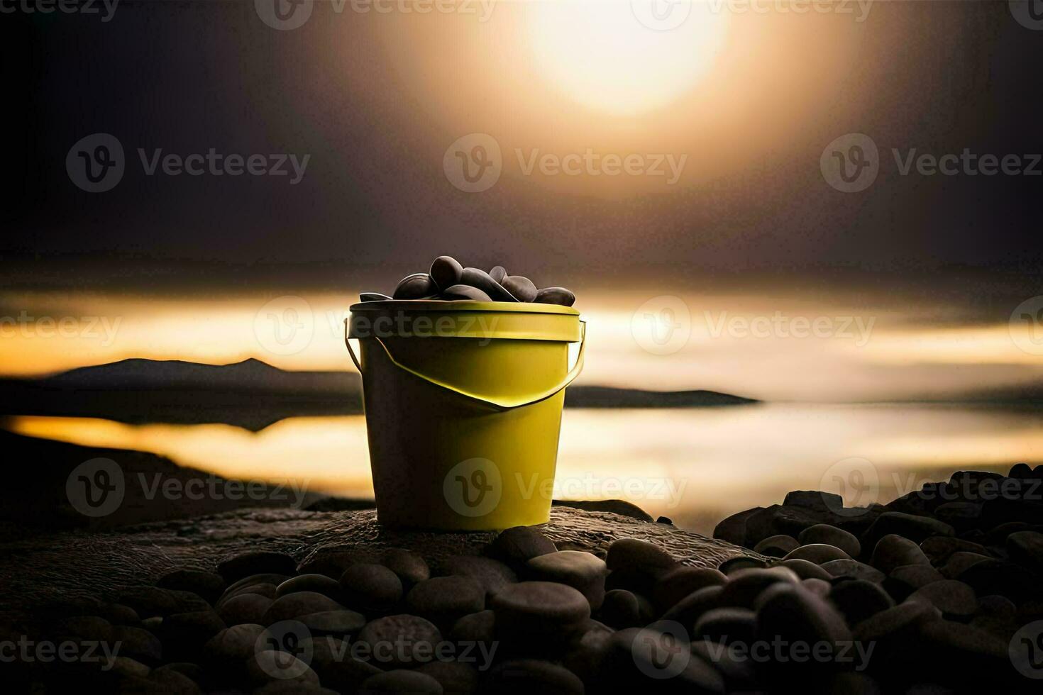 a bucket of rocks sitting on top of a rock. AI-Generated photo