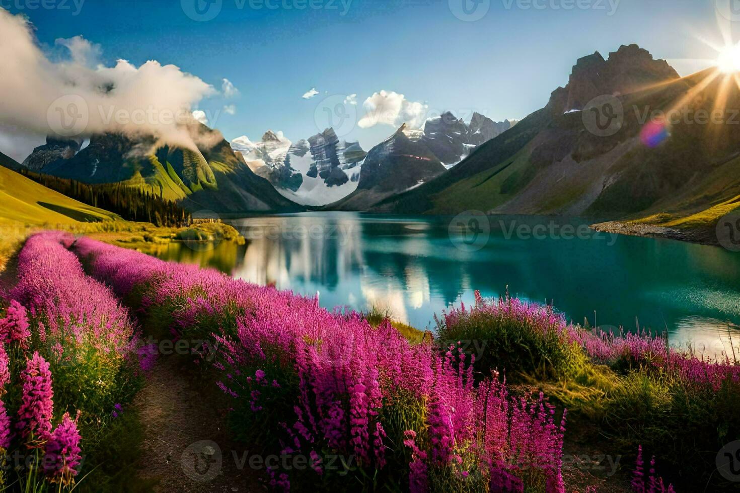 the sun shines over a lake and purple flowers in the foreground. AI-Generated photo