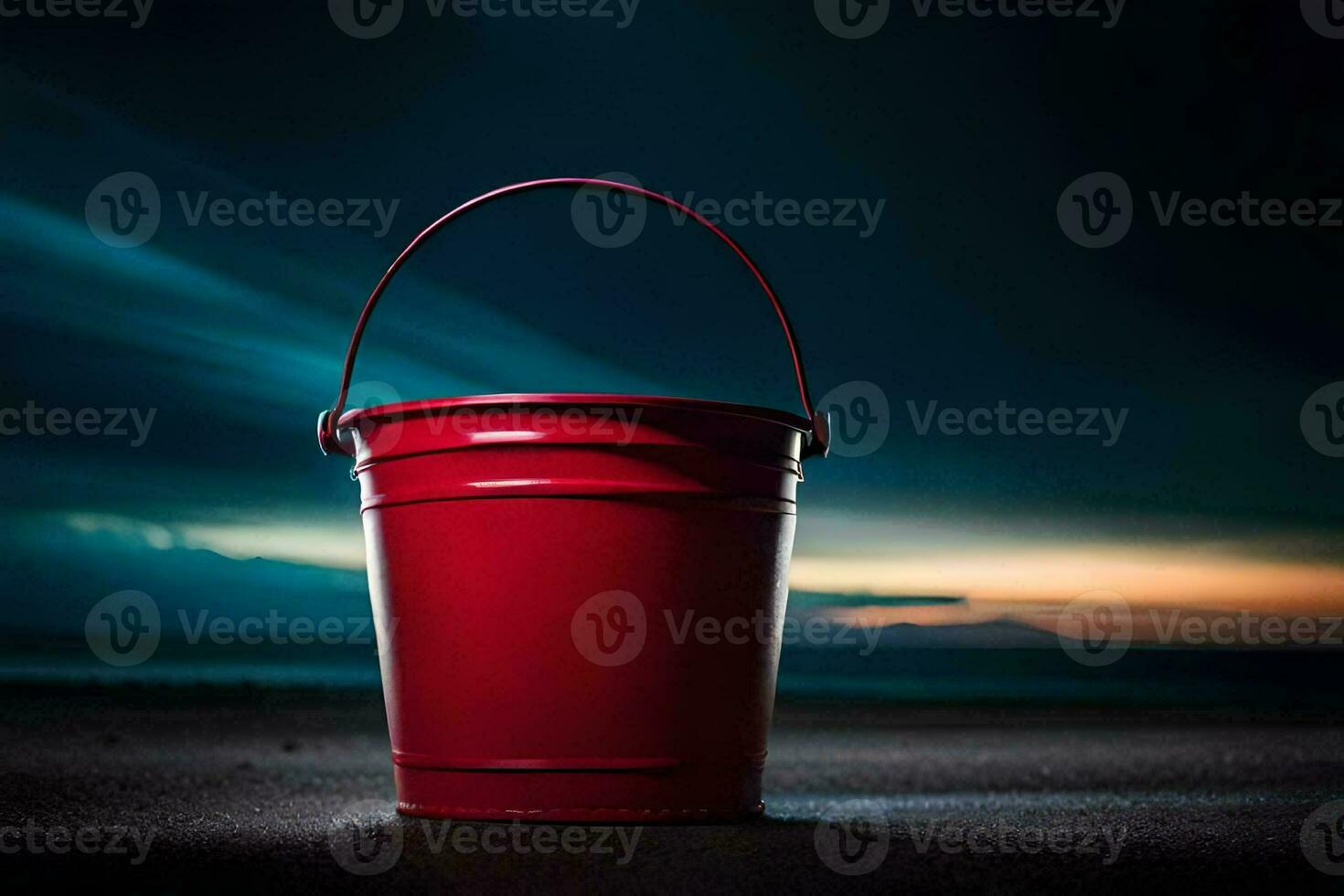 a red bucket sitting on the beach at night. AI-Generated photo