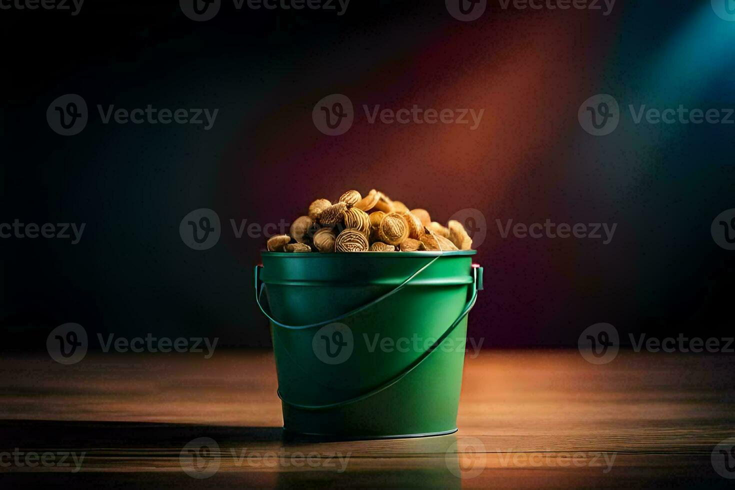 a bucket of peanuts on a table. AI-Generated photo