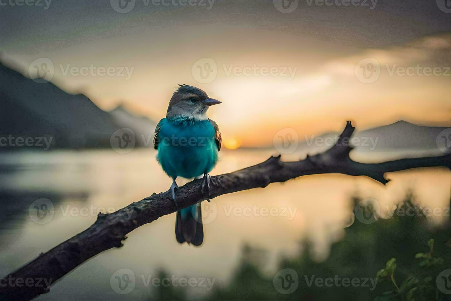 a blue bird sitting on a branch in front of a lake. AI-Generated photo