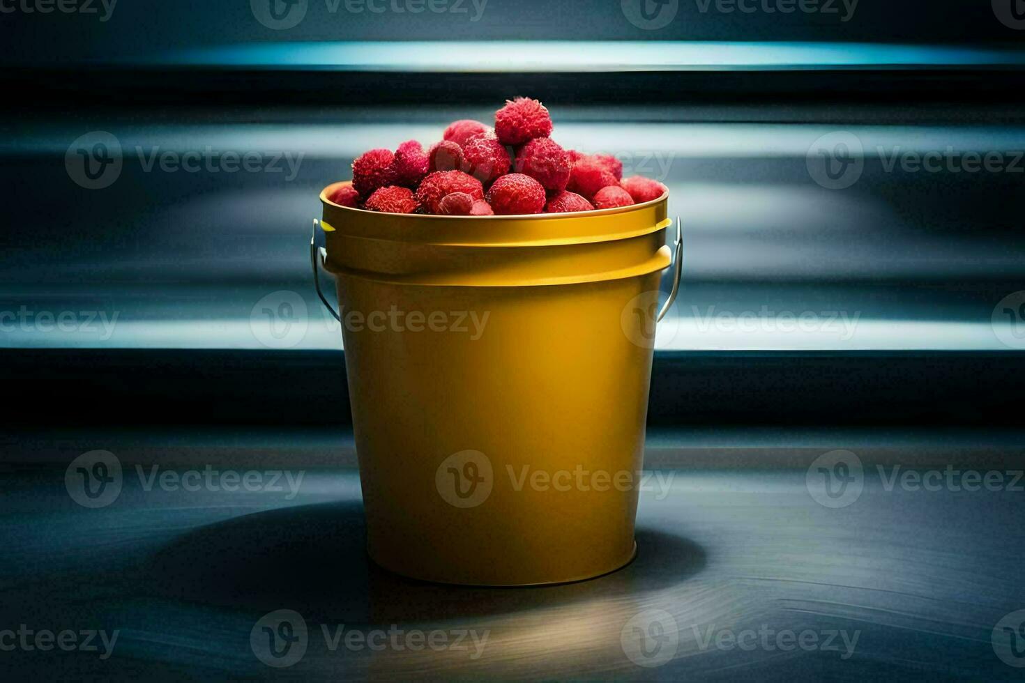 a yellow bucket filled with raspberries. AI-Generated photo