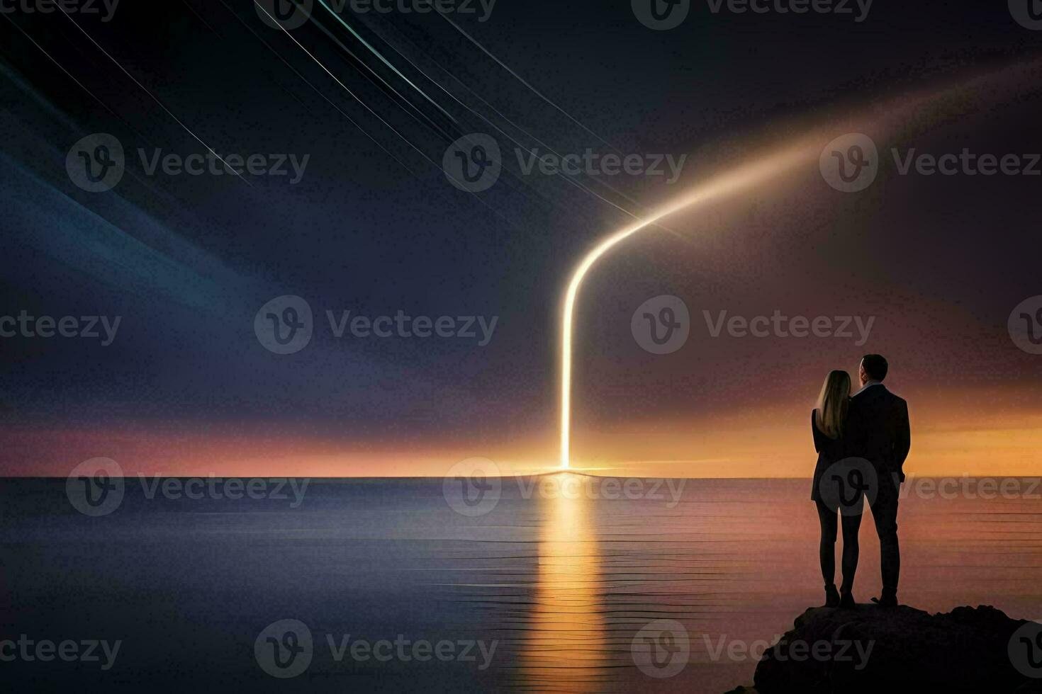 a couple standing on a rock looking at a rocket launch. AI-Generated photo