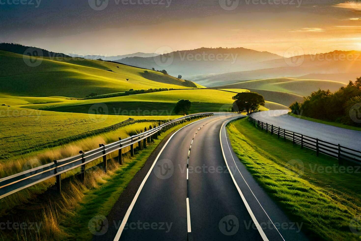 a road winding through the countryside at sunset. AI-Generated photo