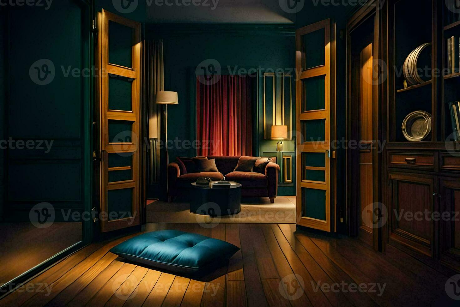 a room with dark wood floors and a couch. AI-Generated photo