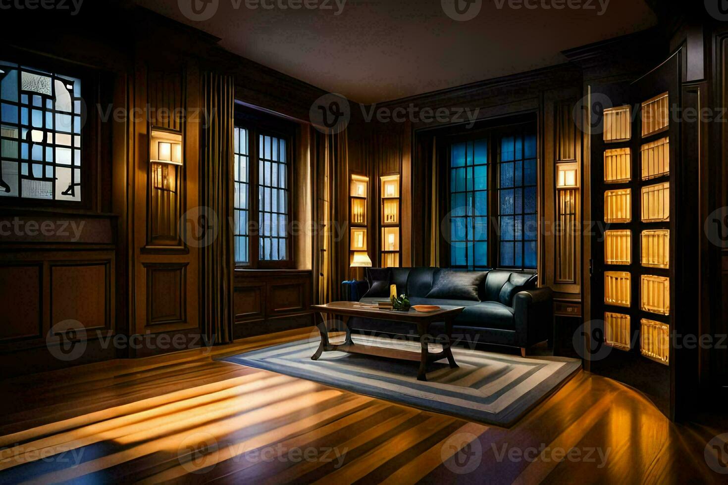a room with wooden floors and a leather couch. AI-Generated photo