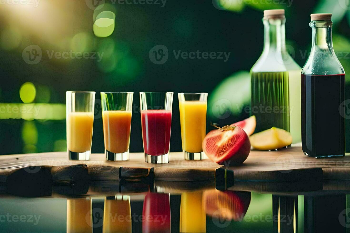 a table with juice and fruit on it. AI-Generated photo