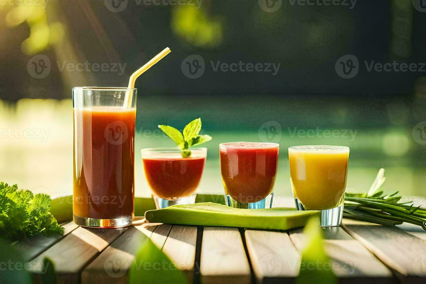 a table with juice and vegetables. AI-Generated photo