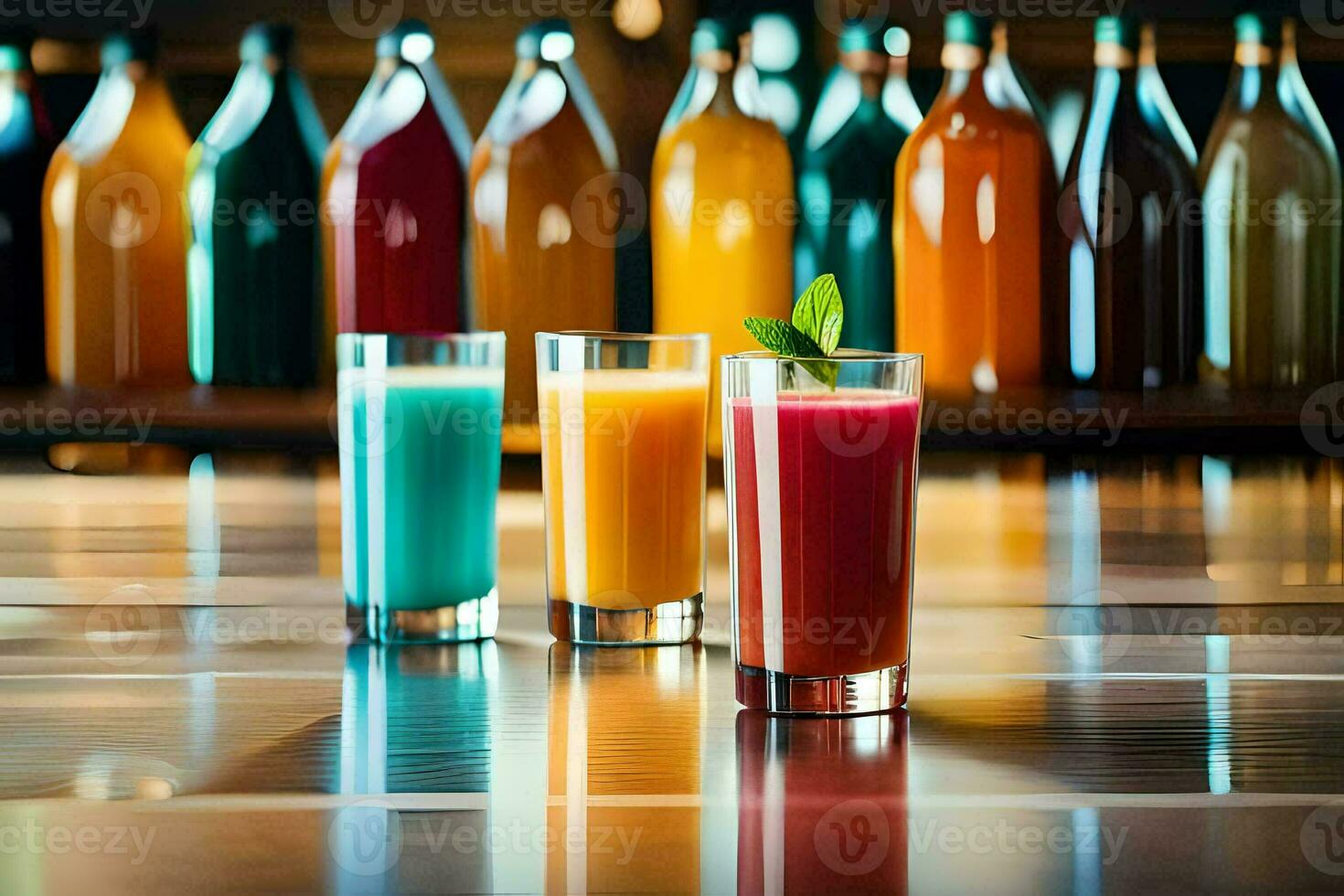 three glasses of juice on a table in front of bottles. AI-Generated photo