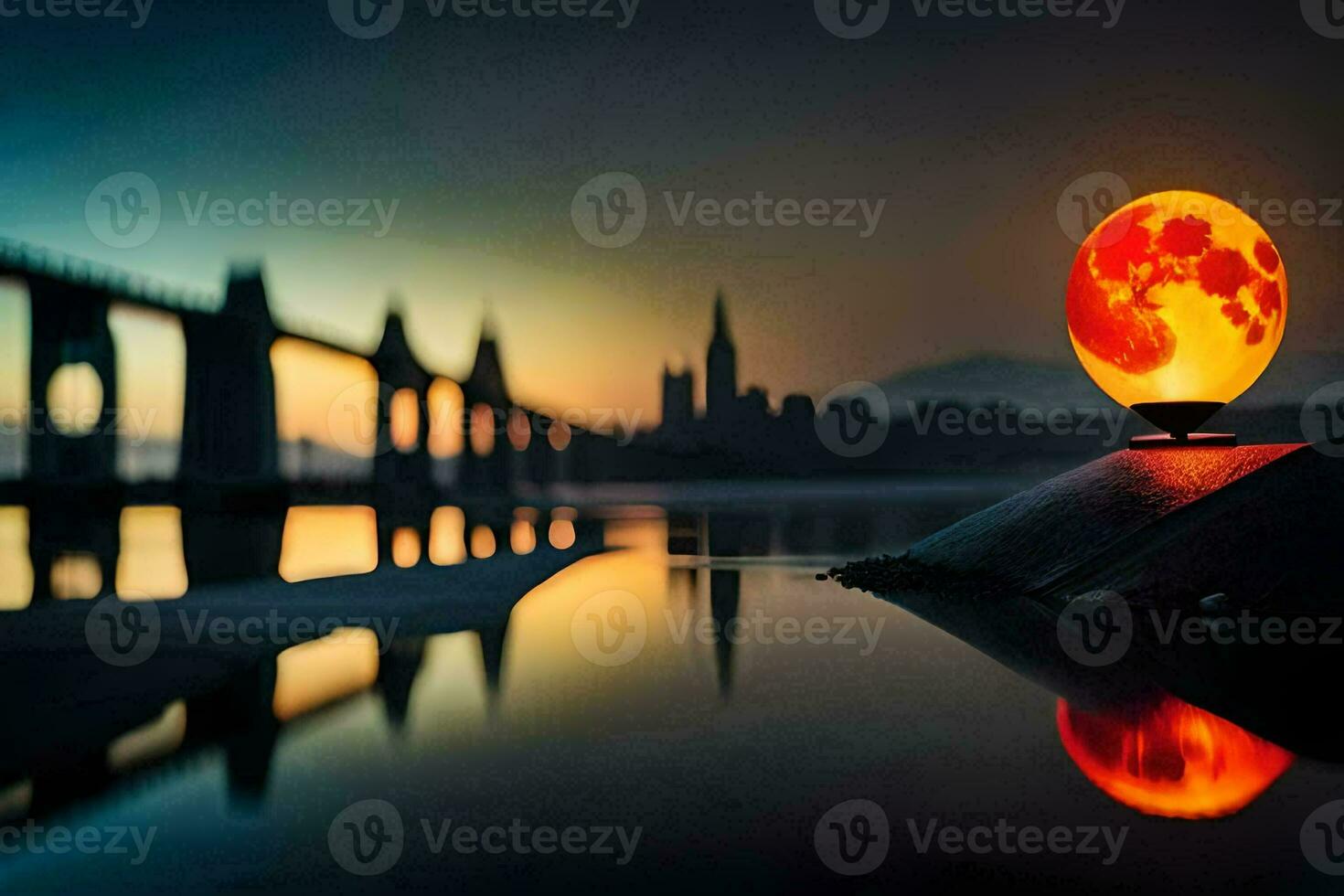 a ball with a red orb sitting on the water. AI-Generated photo