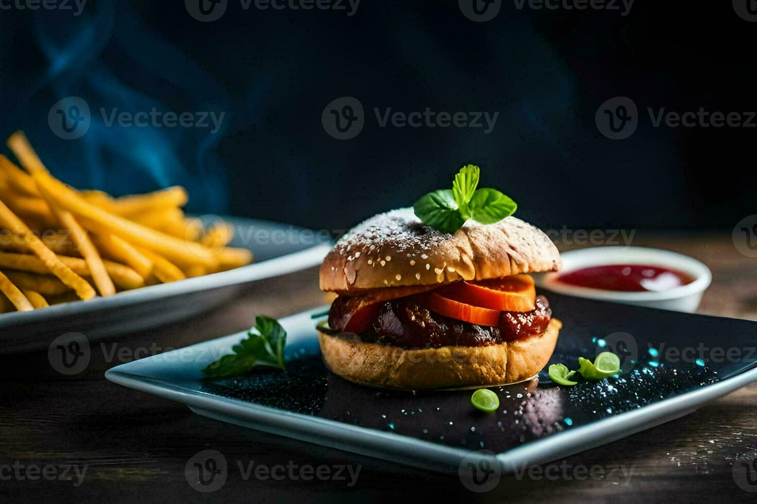 a hamburger with ketchup and fries on a plate. AI-Generated photo
