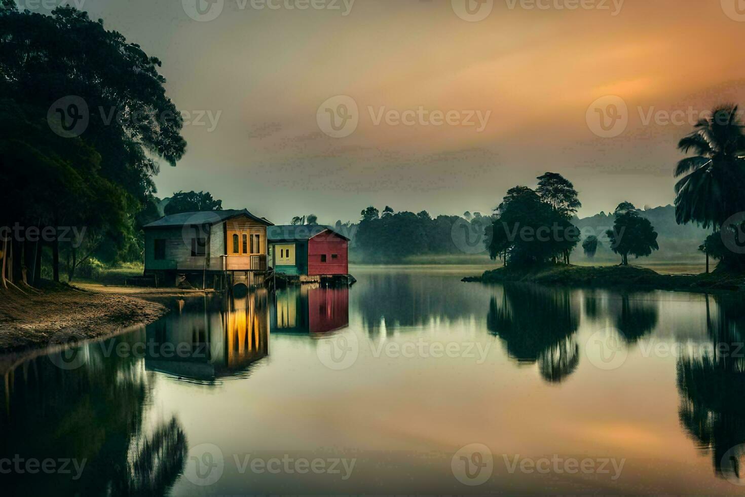 a house sits on the edge of a lake at sunset. AI-Generated photo