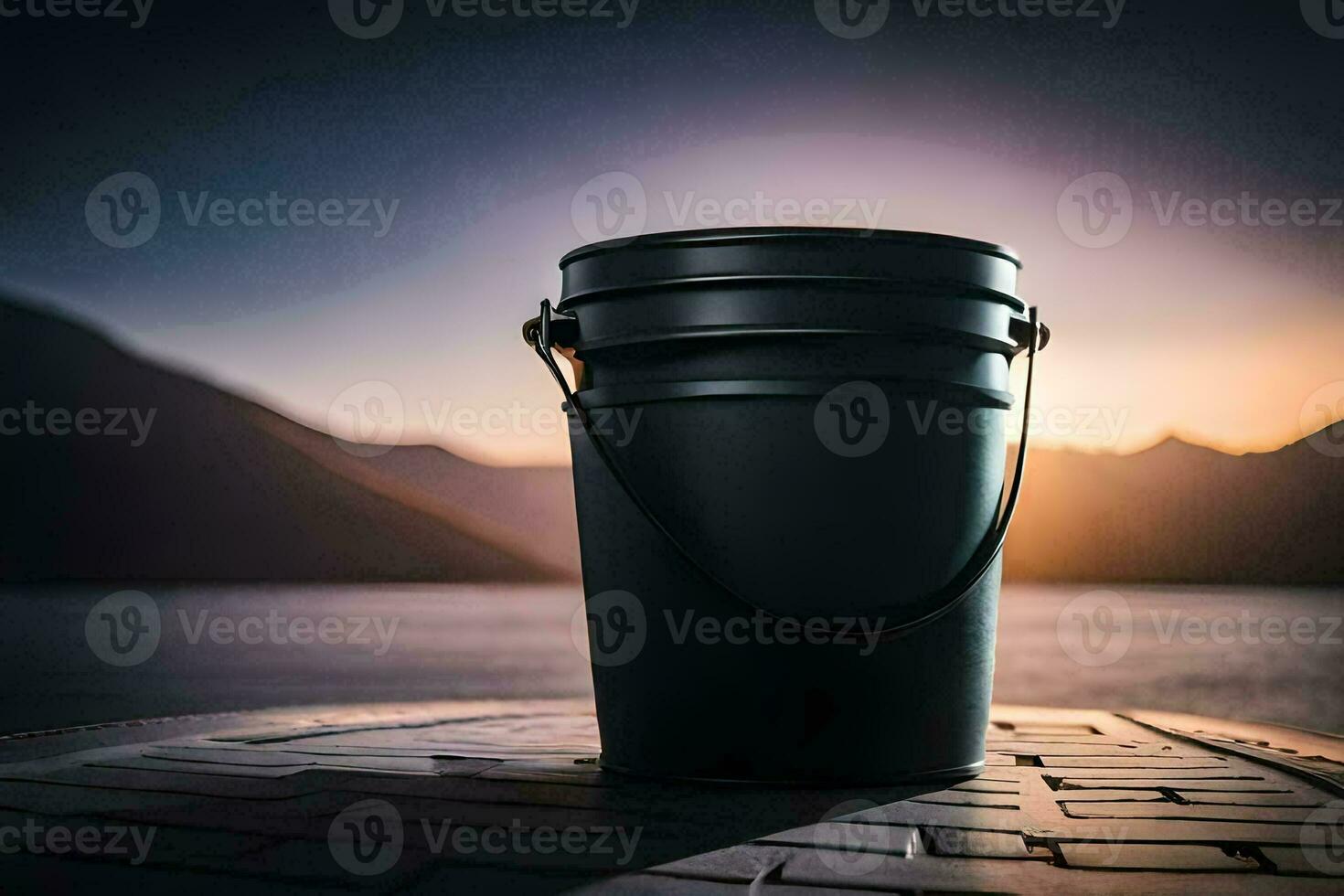 a black bucket sitting on a dock at sunset. AI-Generated photo
