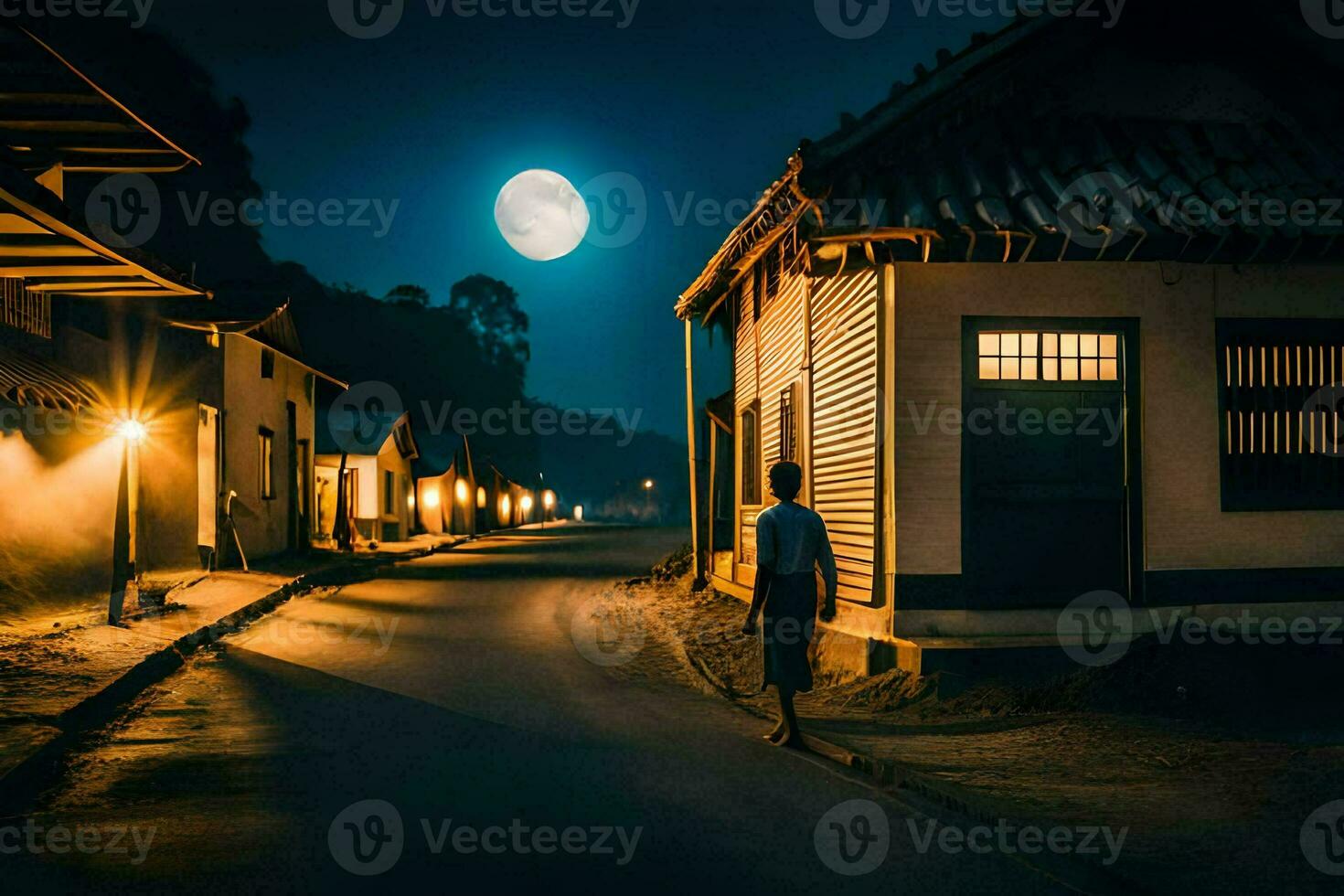 a man walks down the street at night with a full moon in the background. AI-Generated photo