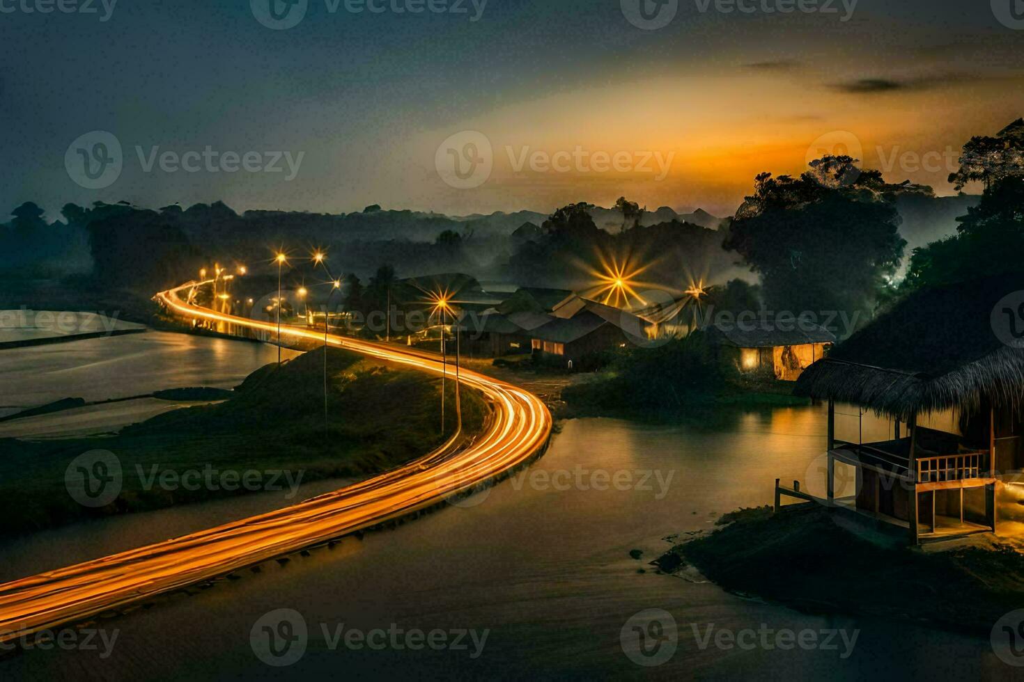 a long exposure photograph of a road and houses in the evening. AI-Generated photo