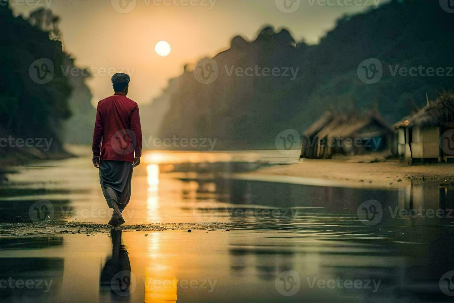 a man walking along the river at sunset. AI-Generated photo